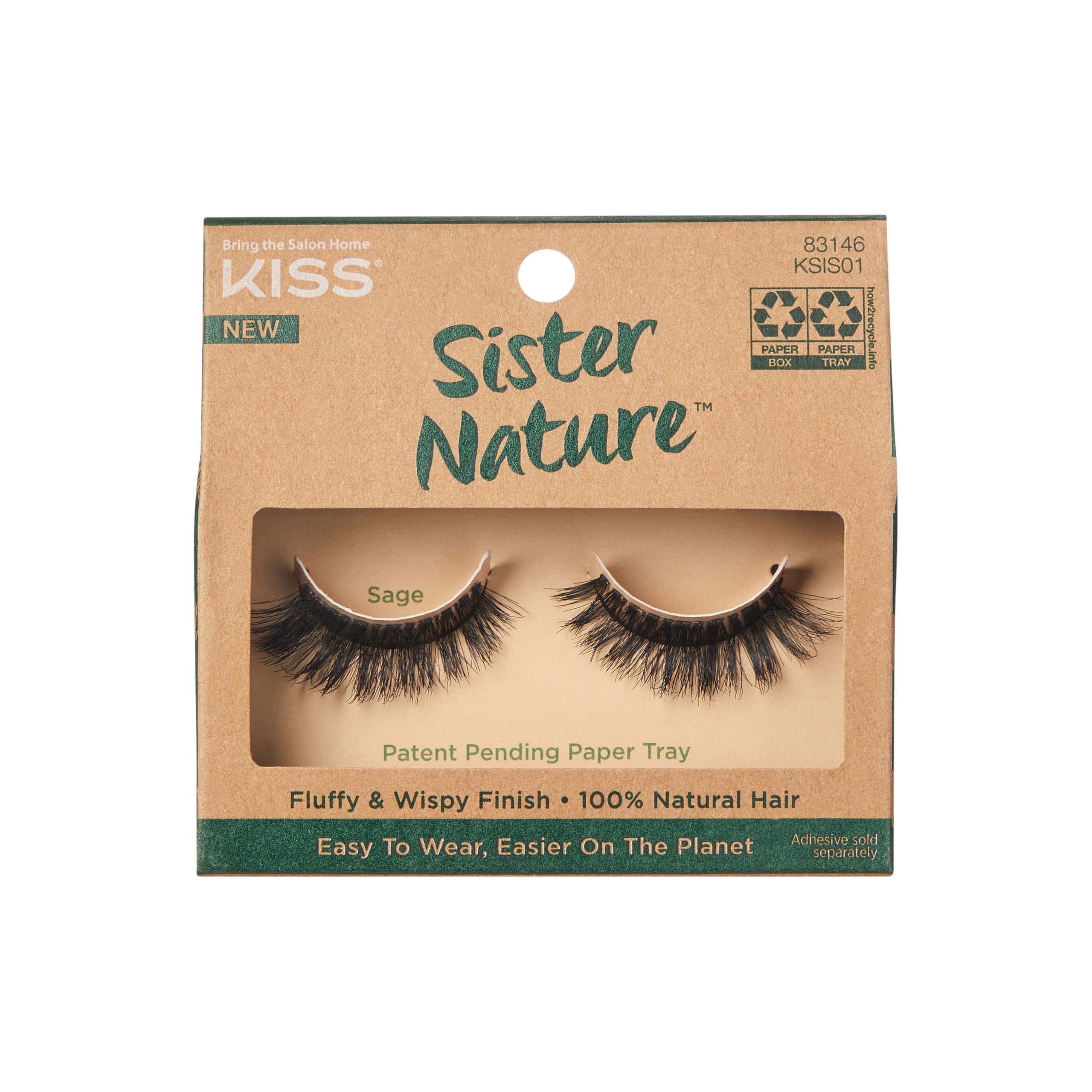 Sister Nature False Eyelashes, 'Sage', 12 mm, 100% Natural Hair, Recyclable Paper Box, Printed with Soy Ink, Cruelty Free, Vegan, Includes 1 Pair of Reusable Strip Lashes