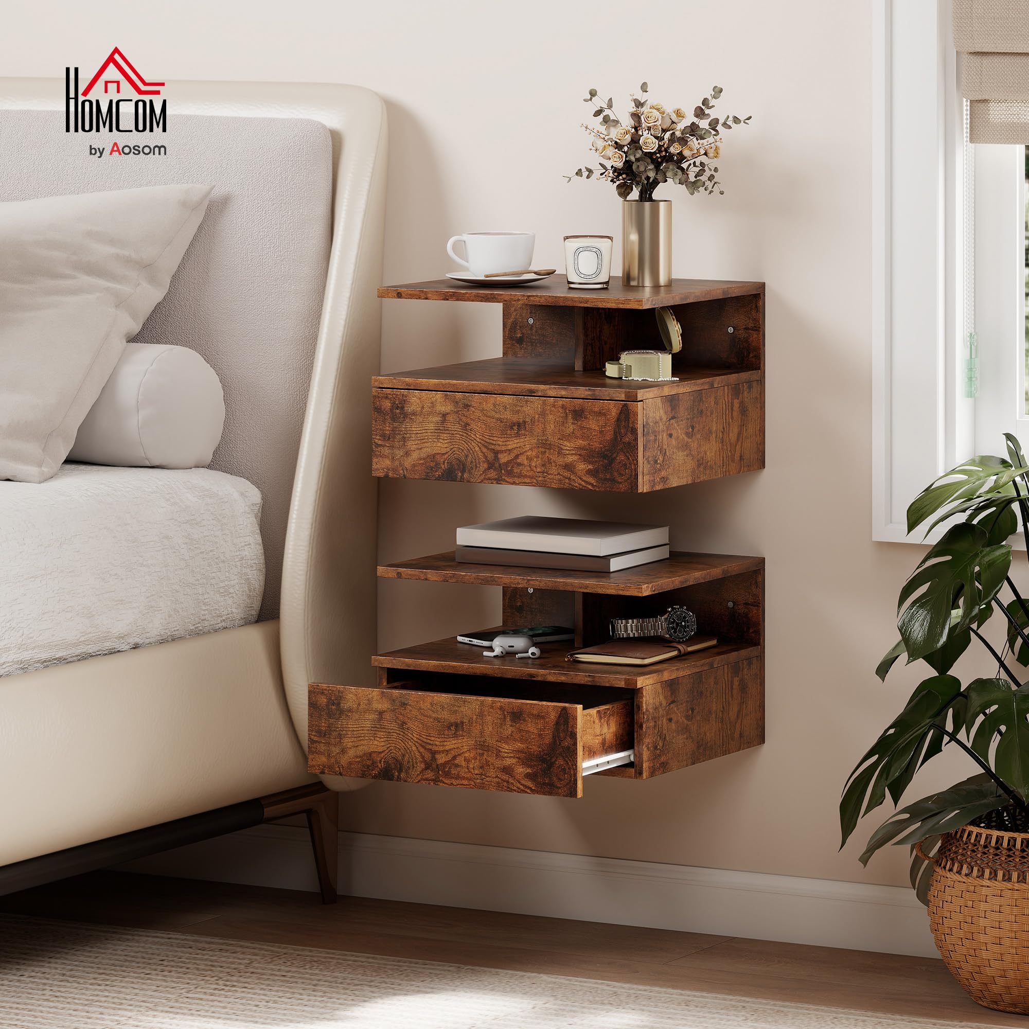 HOMCOM Set di 2 Comodini Camera da Letto Sospesi con Cassetto e Scomparto Aperto, Coppia di Comodini Moderno in Legno, Tavolini per Divano, Soggiorno, Salotto e Camera, 35x32x22.5 cm, Marrone Rustico