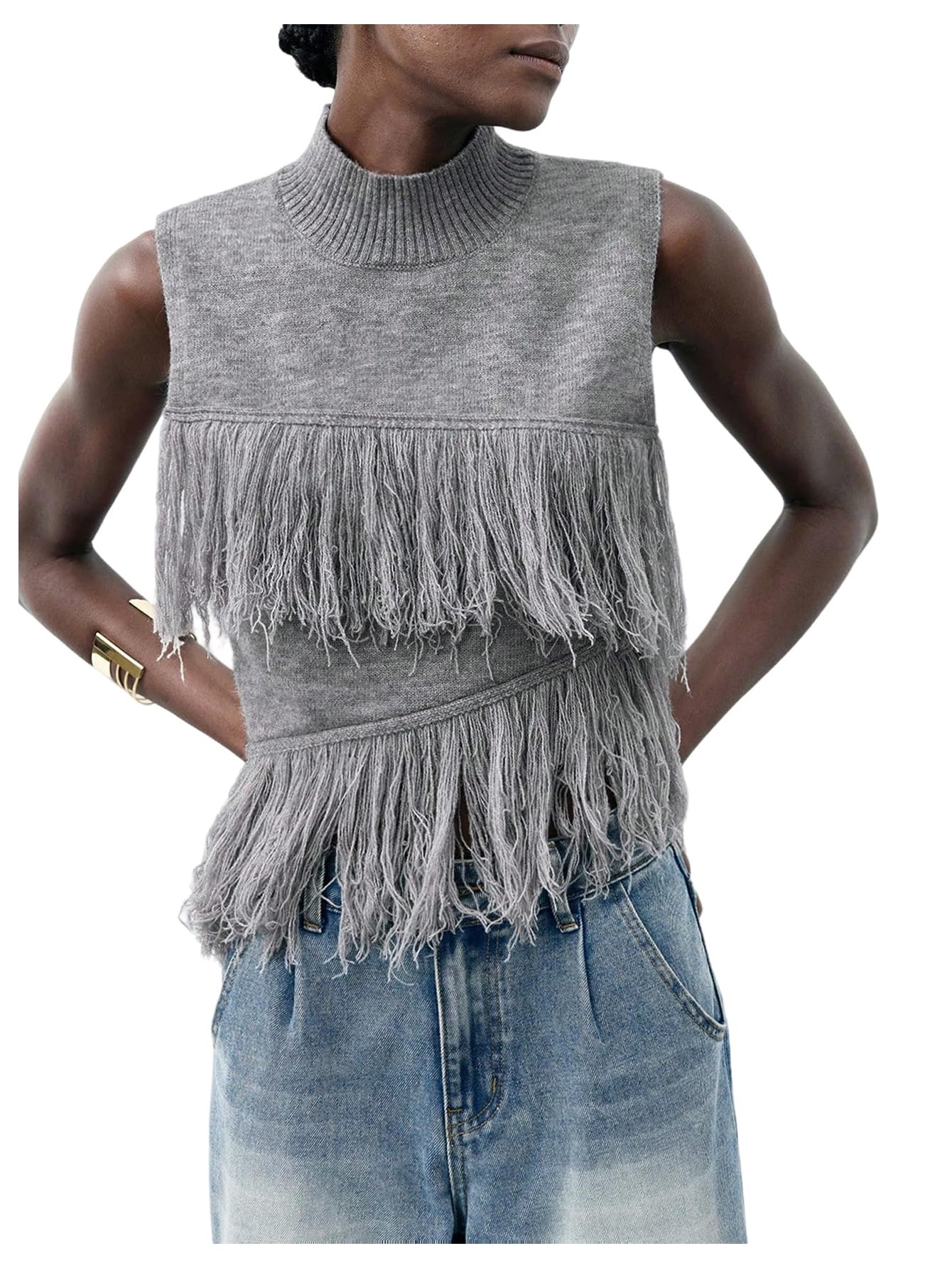 MakeMeChic Womens Fringe Mock Neck Sweater Vest Sleeveless Retro Vintage Knitted Crop Tops