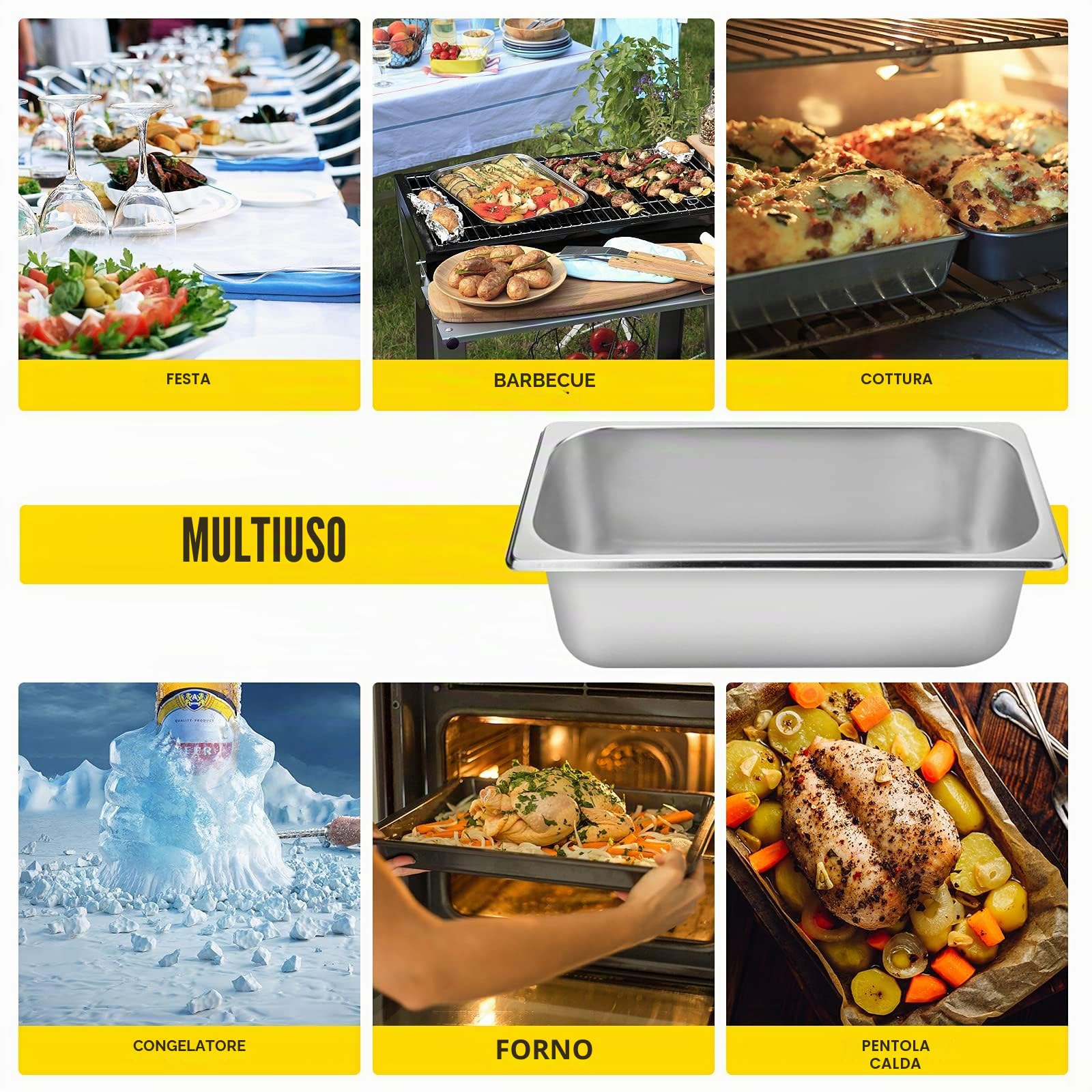 VEVOR Set di 6 piatti da forno in acciaio inox, 8,5 l, spessore 0,8 mm, vassoio levigato rettangolare effetto specchio per alimenti per cucina di ristorante e dolci