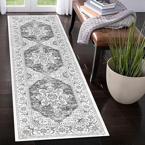 Ileading Alfombra vintage para pasillo, lavable a máquina, con parte trasera de goma, antideslizante, para dormitorio, sala de estar (gris, 2 x 6