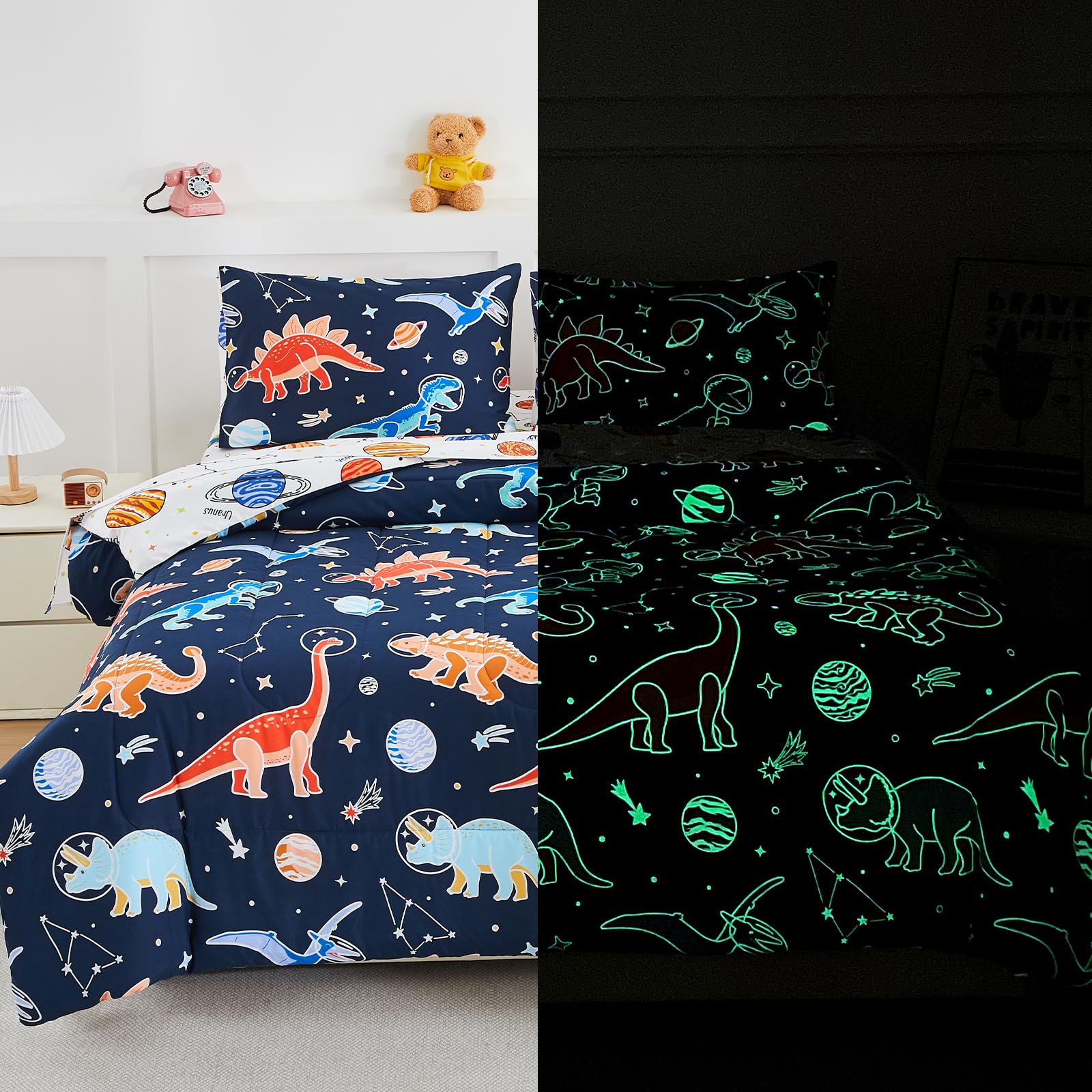 Photo 1 of A Nice Night Glow in The Dark Dinosaur Kids Comforter Set