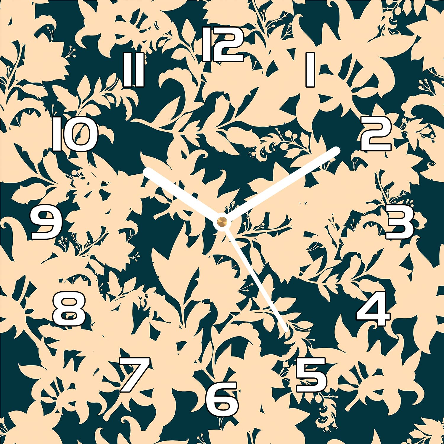 Horloge en Verre 30x30 cm Coloray Fleurs Vintage Beige avec Aiguilles Noires pour Salon