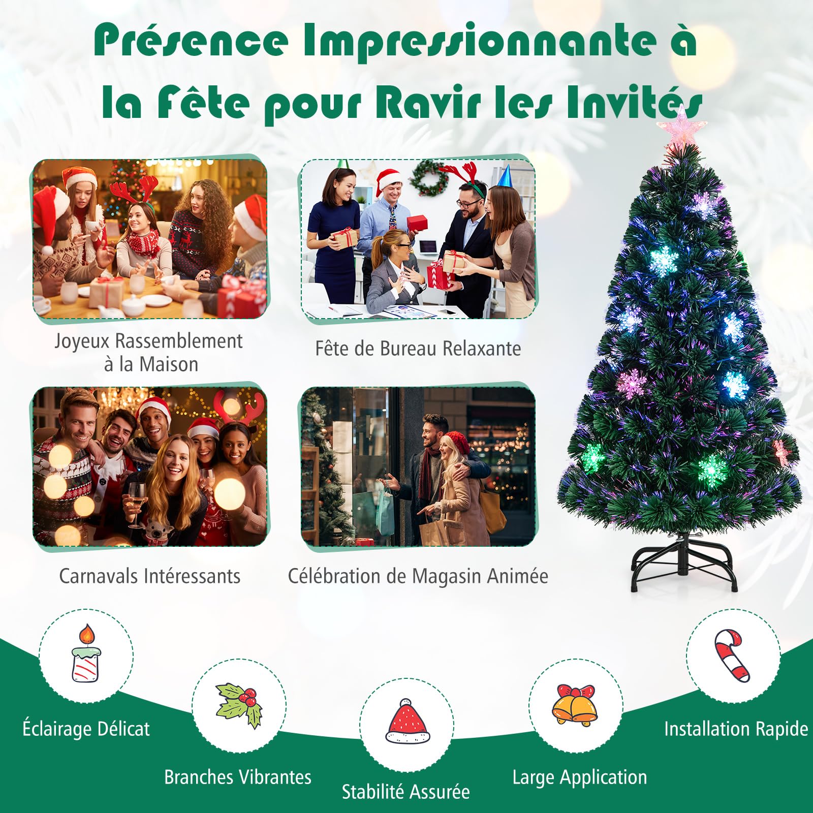 GOPLUS Sapin de Noel Lumineux LED, 120cm Sapin de Noël Artificiel Fibre Optique avec 18 Flocons de Neige Lumières et Etoile Sommet, 125 Branches Touffues, Décoration Noël