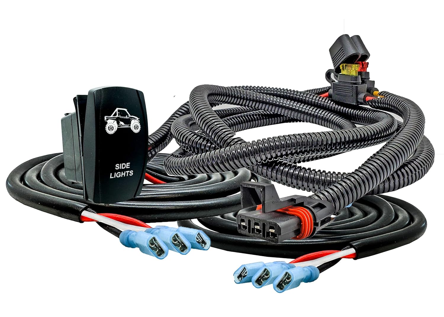 OZ-USA 10ft Plug-and-Play Split 3-Wire Pulse Power Busbar Plug Wiring Harness with Side Lights On/Off Rocker Switch for DRL Dual Function LED Lights — Compatible with Polaris RZR Ranger General XP ADV