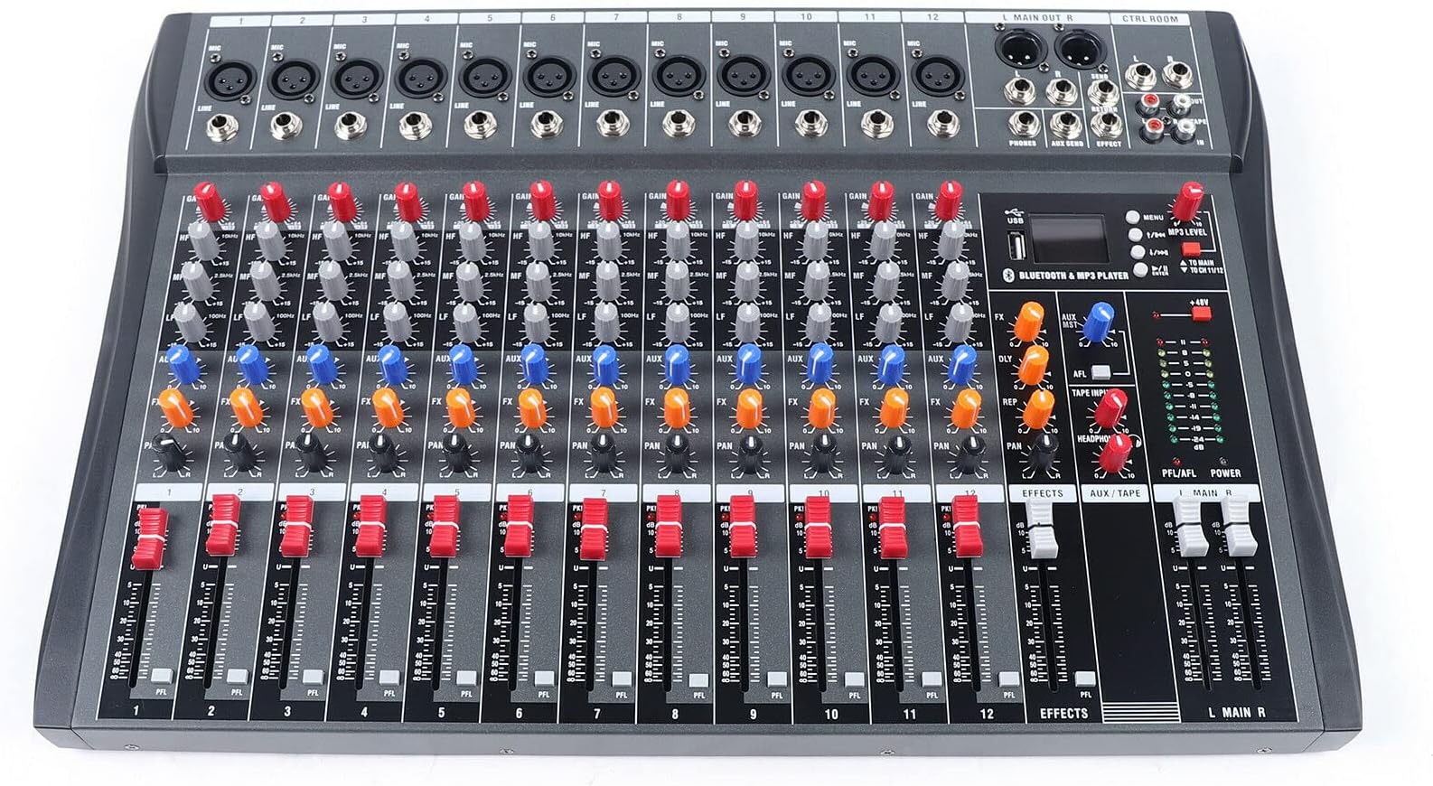 TFCFL Pro 12 Channels Live Audio Mixer Bluetooth USB DJ Sound Mixing Console Amplifier with 3 Stage Equalization Regulate 6 Modes Of Music for Family Ktv,Campus Speech,Meeting Etc