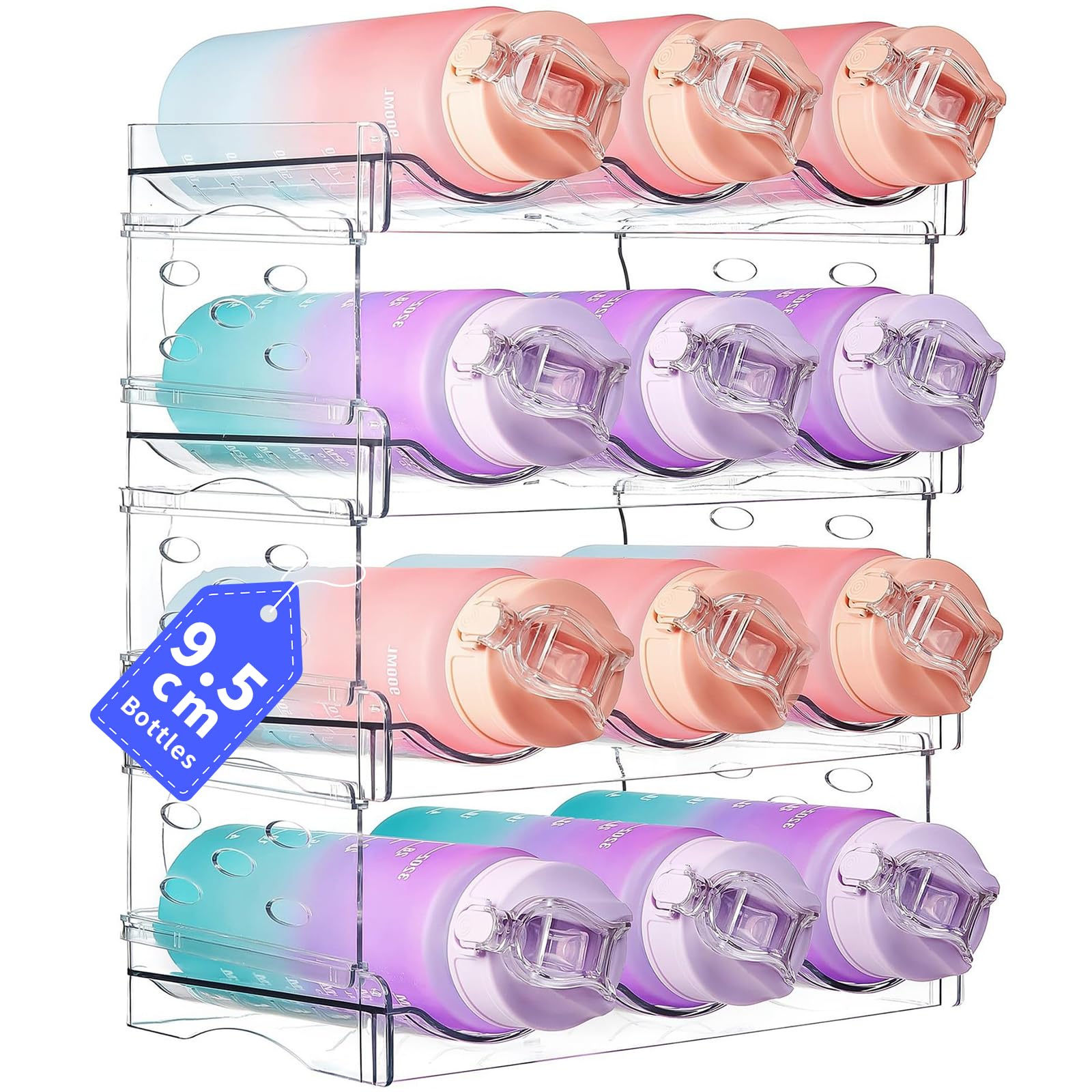 Botellero - Nevera que ahorra espacio, apilable y transparente - Ideal para botellas de agua, botellas de agua, vasos con pajita y latas (4 capas 12 botellas)