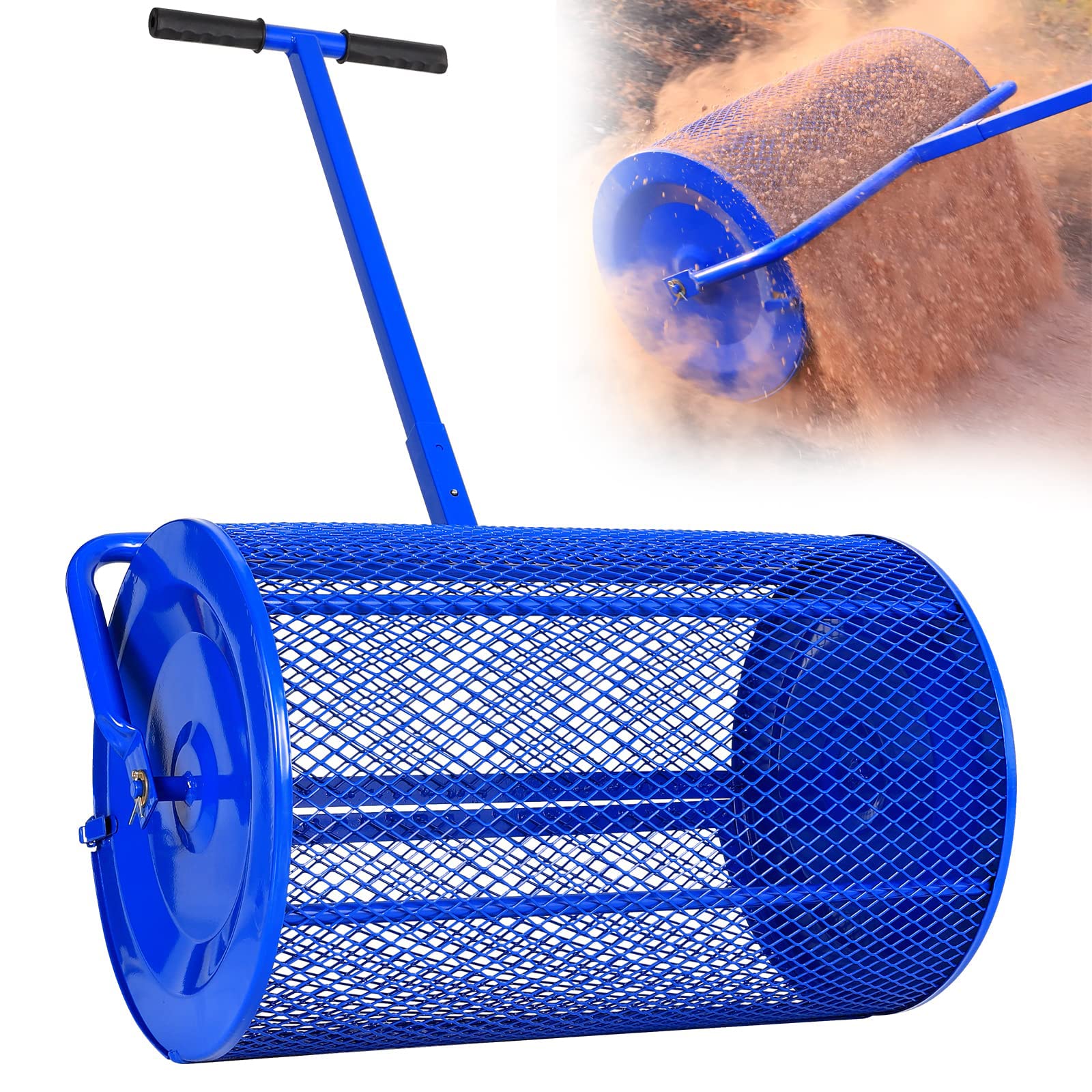 Spandiconcime per prato/giardino, spandiconcime per torba e compost, rullo per topdressing con cestello in rete metallica da 24" con maniglia a forma di T di aggiornamento per topdressing, compost,
