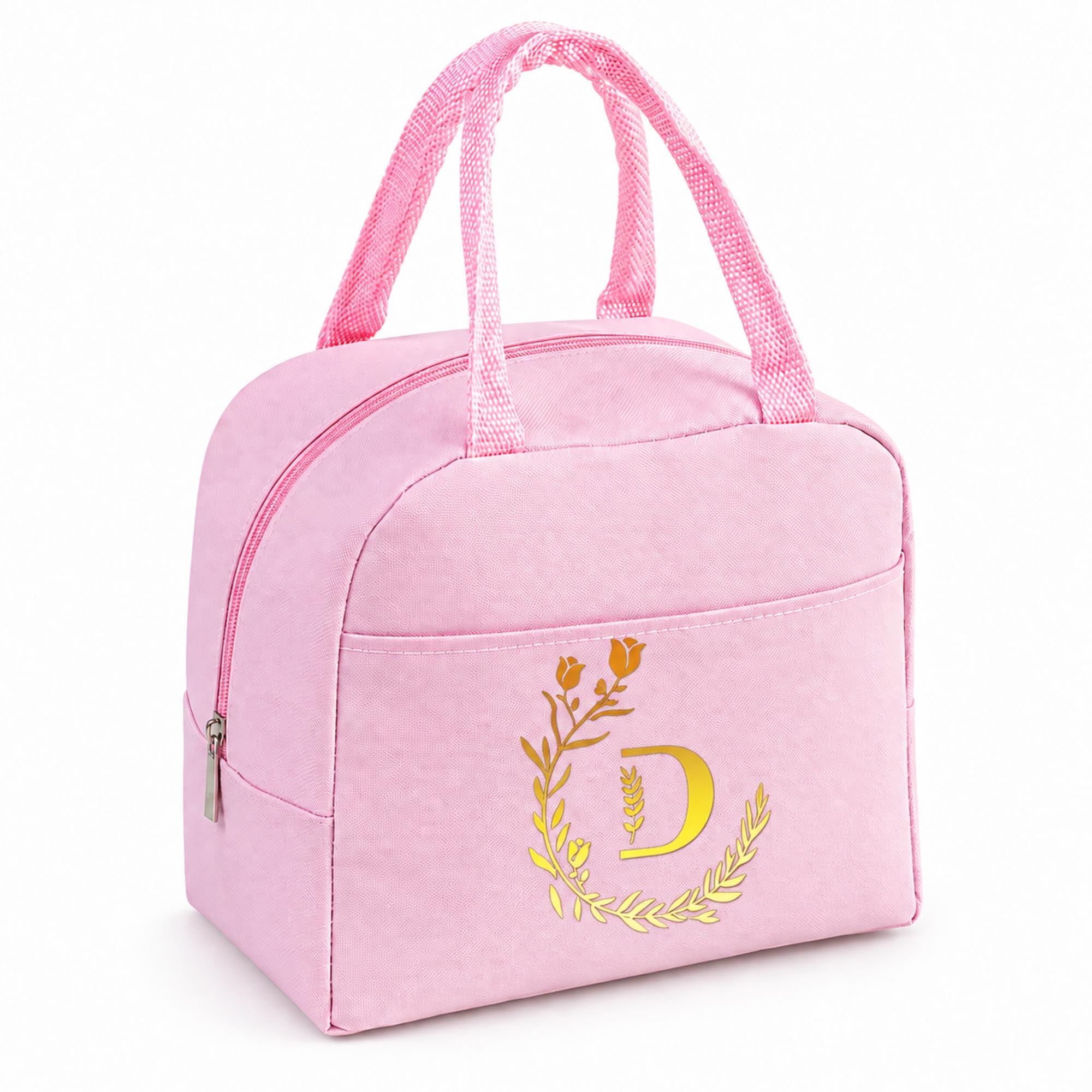 Personalized Pink Initial Letters Insulated Lunch Bag for Women Men Kids -D