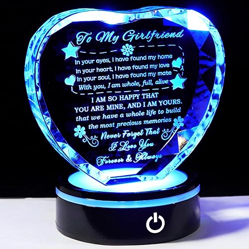YWHL Regalos para novia, romántico para mi novia, recuerdo de corazón de cristal con base LED colorida para novia, regalos de cumpleaños,