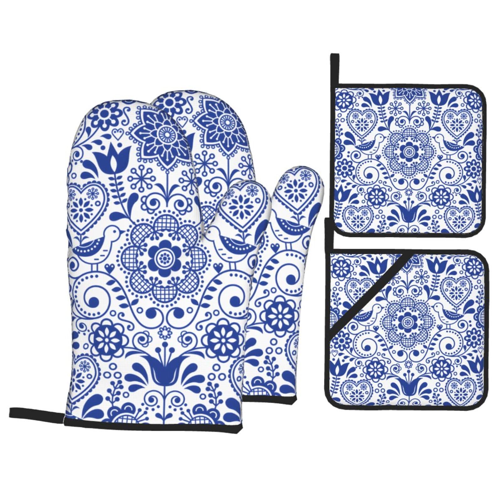 Gants de four très épais et antidérapants aux motifs floraux bleus