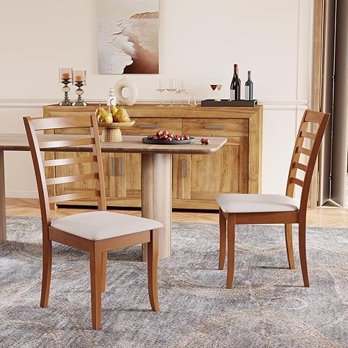 Miniatura 7 de Giantex Juego de 4 sillas de comedor de madera, moderna silla de cocina tapizada con patas de madera de goma, respaldo alto de listones, asiento