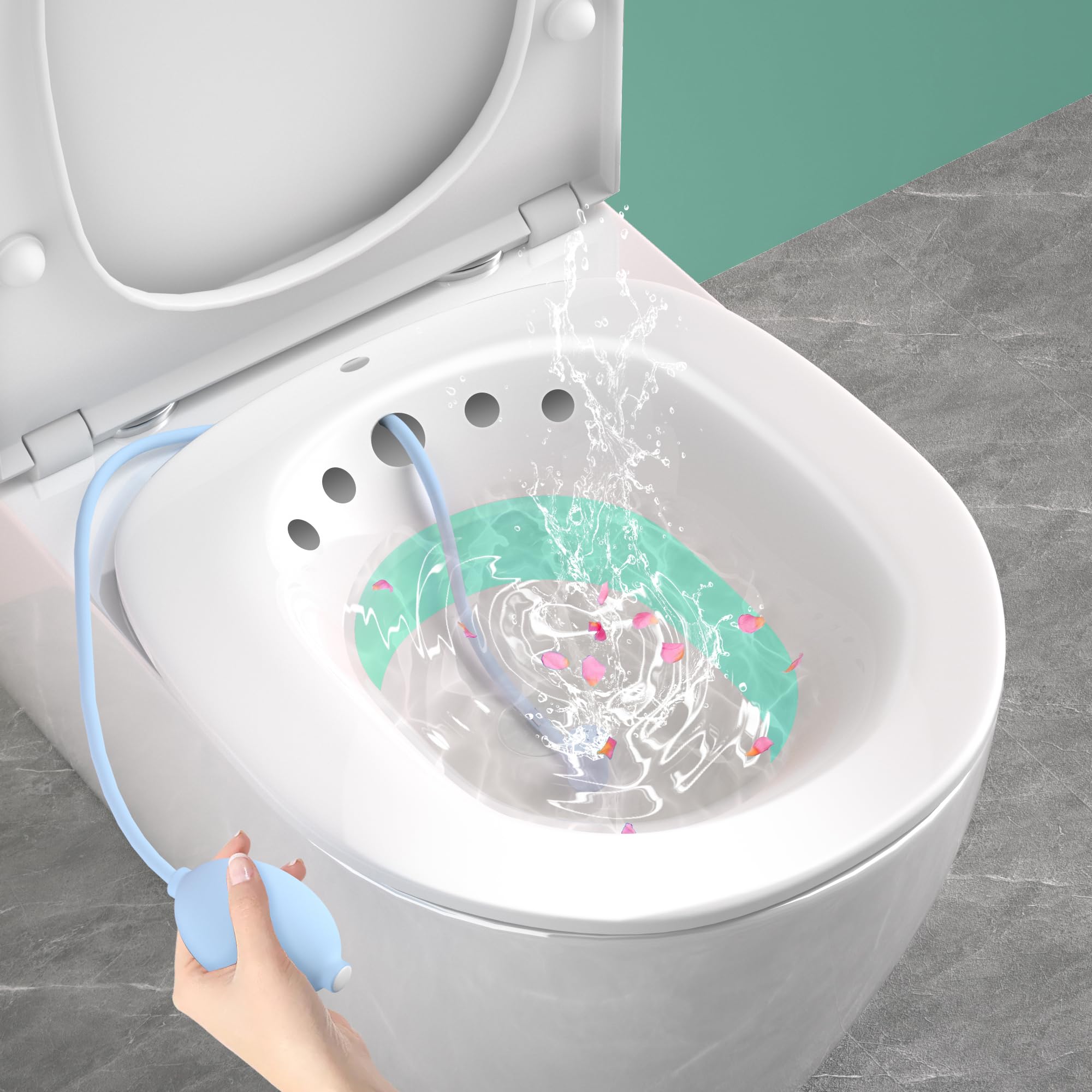 Sitz Bath Tub with Air Pump for Women & Men, Large Capacity Portable Perineal Soaking Basin, Suitable for Postpartum Care, Hemorrhoids Recovery(Tub Seat with Flusher, Green)