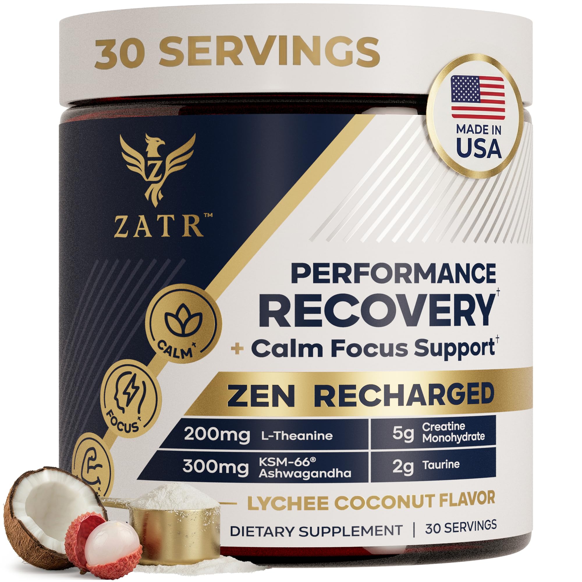 ZATR Bebida pós-treino com 5 g de creatina monohidratada, 300 mg de KSM-66 Ashwagandha, L-teanina e taurina, 30 porções