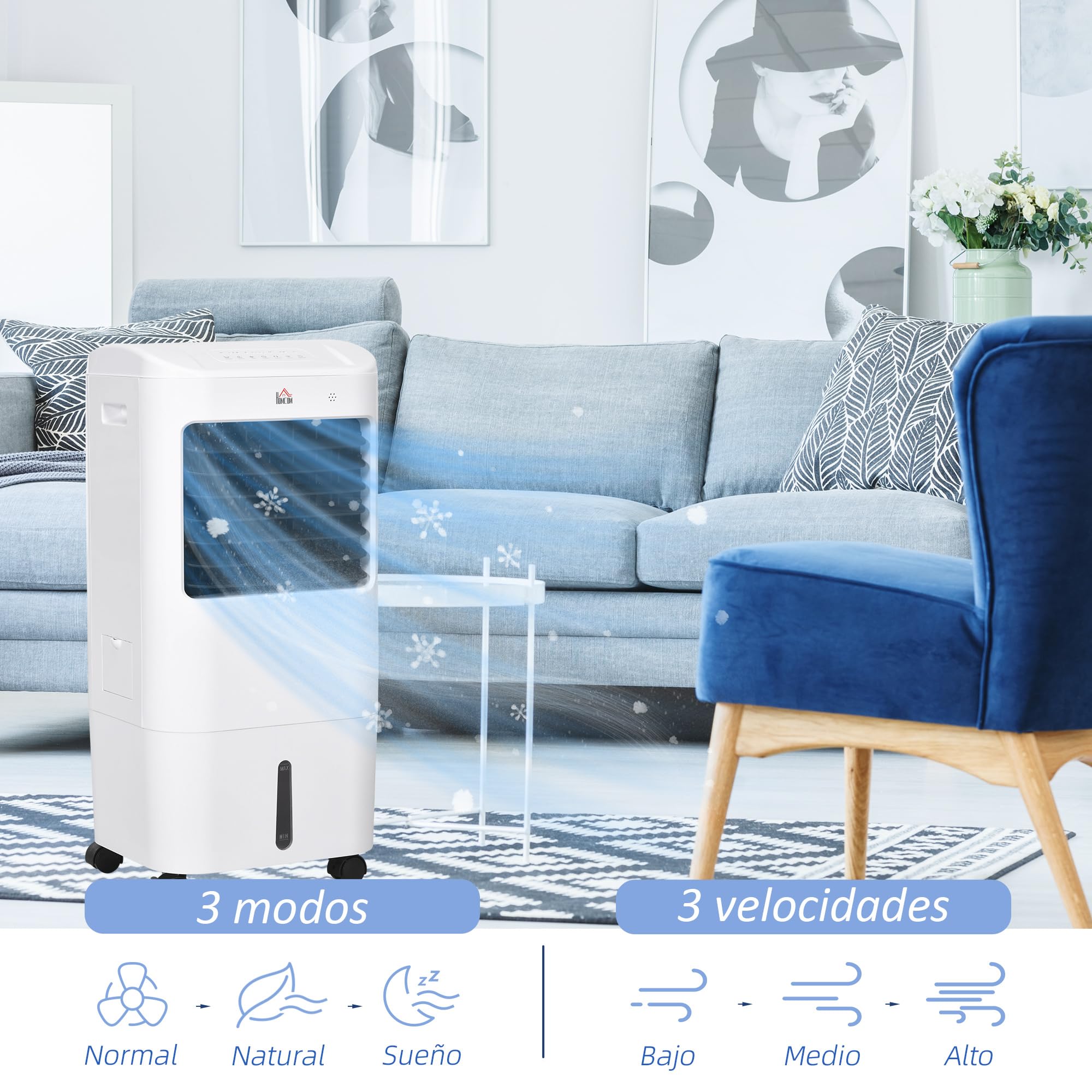 HOMCOM Climatizador Evaporativo 3 en 1 15L con Humidificador y Ventilador Portátil, 3 Velocidades, Temporizador 7,5H, Control Remoto, Oscilación 60°, 37x32x78 cm Blanco