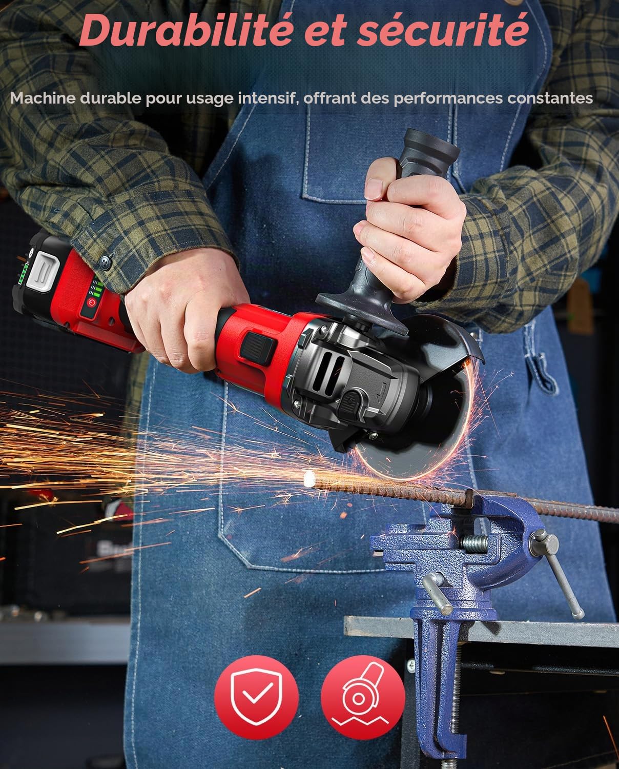 Meuleuse d'angle sans fil 21 V, 10 000RPM Disqueuse Sans Fil, 2x Batteries 4.0Ah, moteur sans balais, 3 vitesses, protection à serrage rapide, pour une coupe et un meulage précis