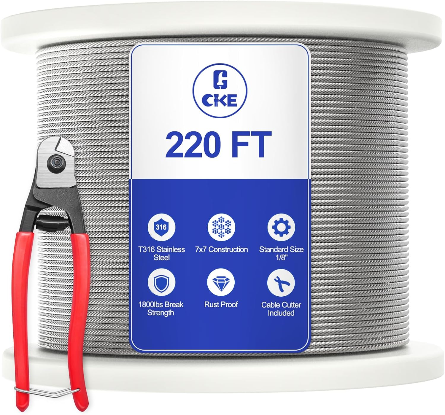 CKE 220FT 1/8" Stainless Steel Cable T316 Stainless Steel Wire Rope Cable for Deck Cable Railing Kit System, 7x7 Strands Construction Aircraft Wire Rope Cable Stainless Cable 1/8 DIY Balustrades CW600