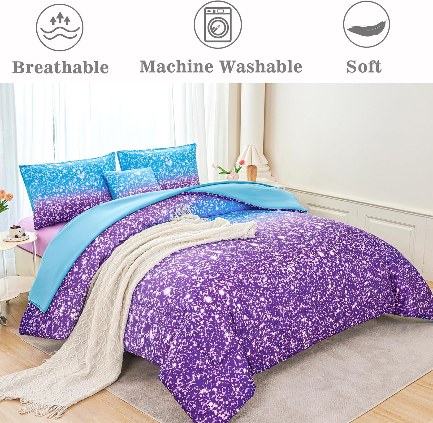 RYNGHIPY Blue Purple Girls Bedding Set 3D Colorful Galaxy Starry Comforter Sets for Girls Kids Twin Lightweight Soft Rainbow Bed in A Bag