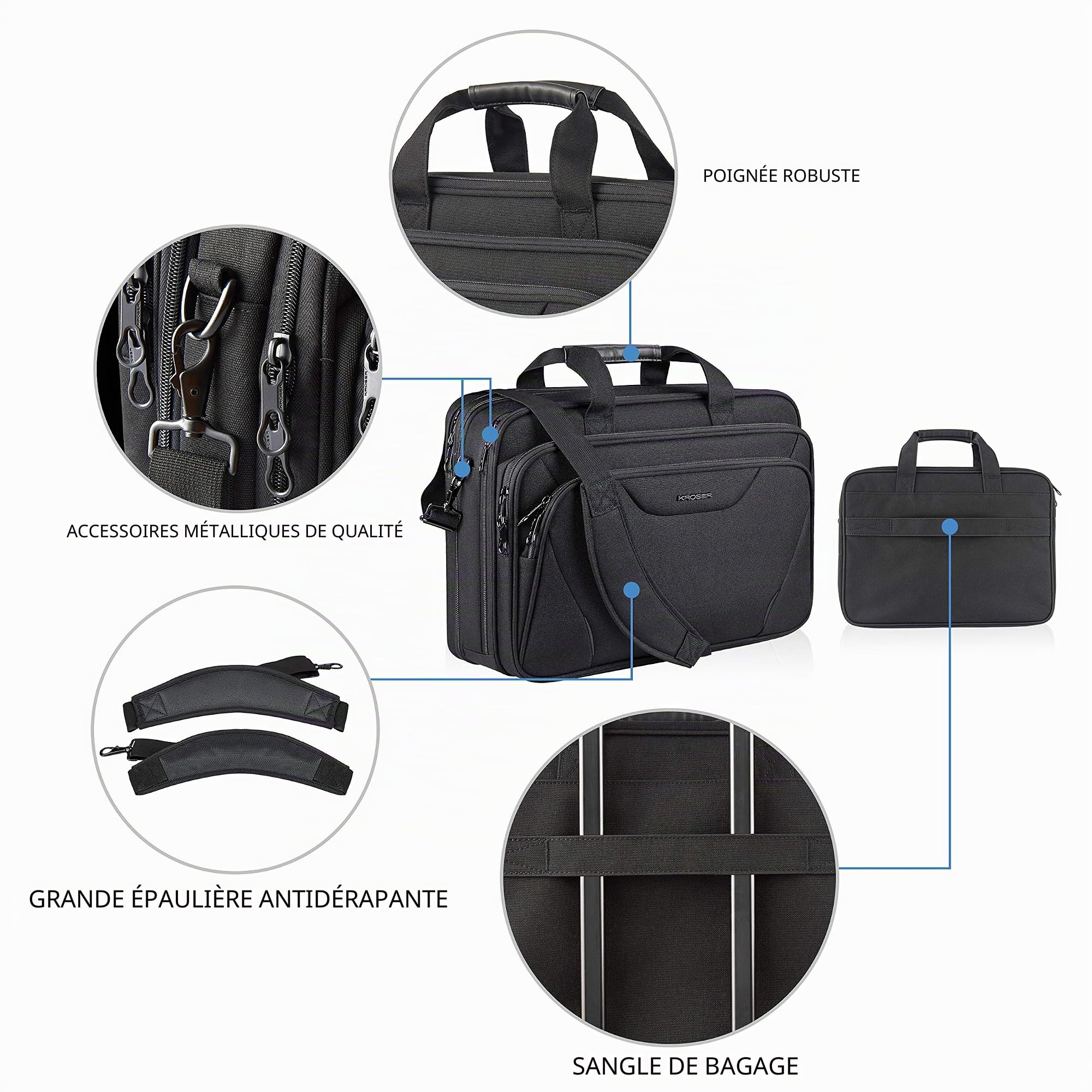 KROSER 18" Sac à main Sacoche pour Ordinateur Portable Jusqu'à 17,3" Imperméable Sacoche Extensible Porte-Documents à Bandoulière pour Voyage/Affaires/École/Homme/Femme Laptop Bag