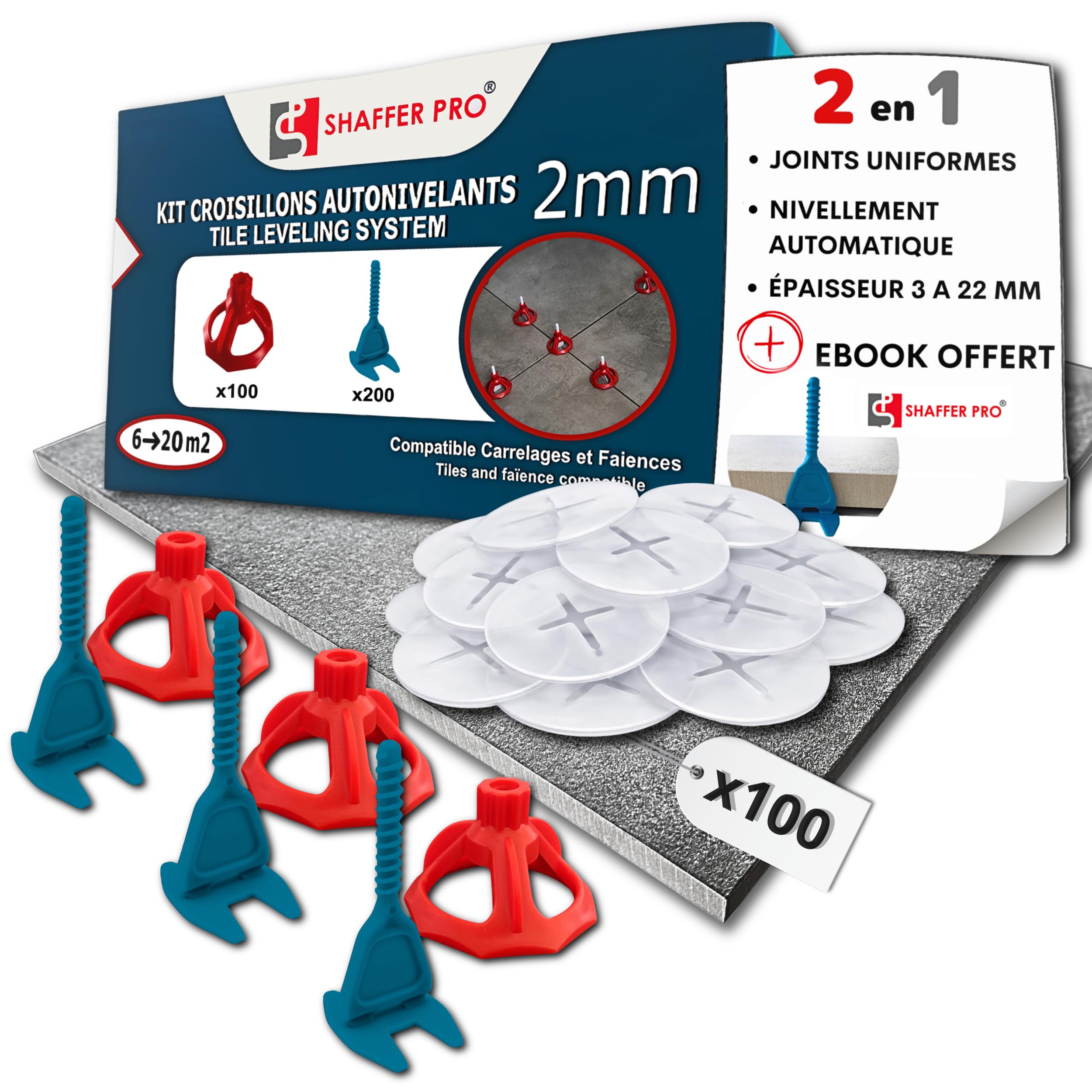 Croisillons carrelage autonivelant 2mm I SHAFFER PRO I Comptatible 20mm