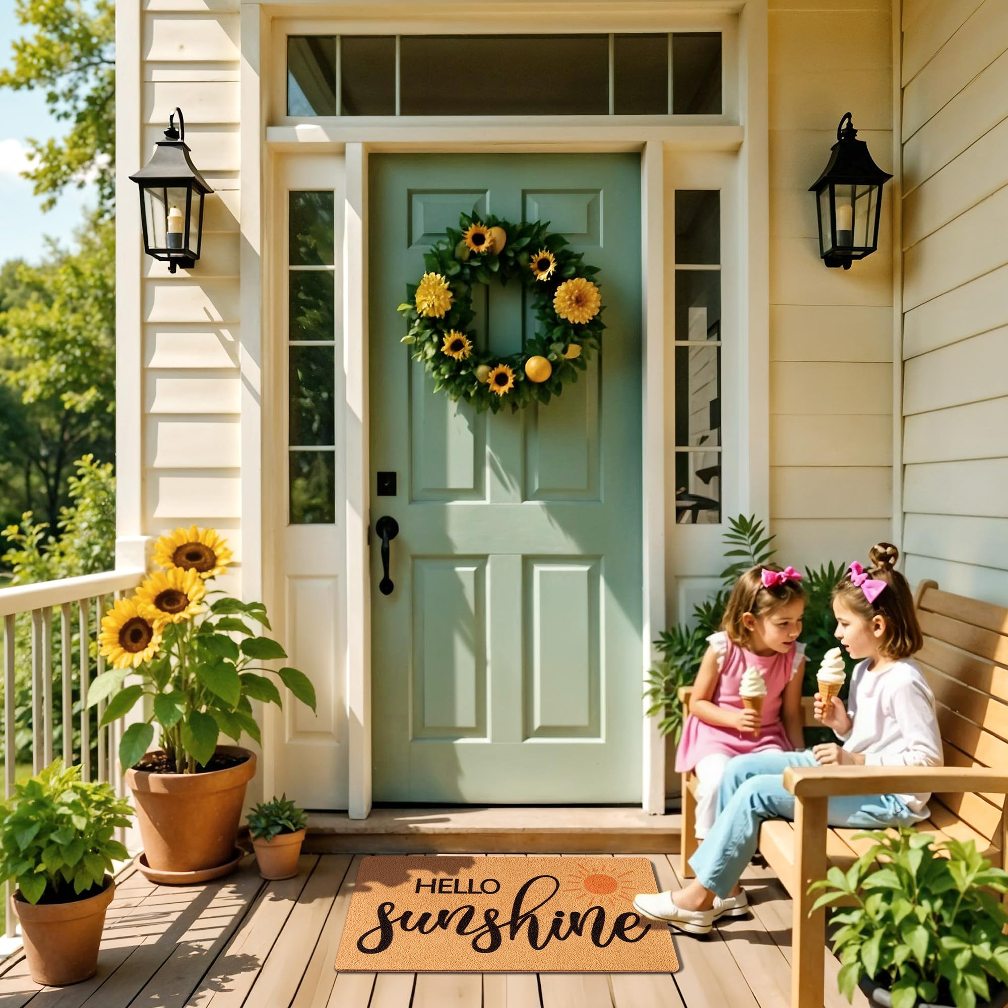 Fttoyoly Hello Sunshine Summer Door Mat for Front Door, Welcome Mat Outside Entrance with Non-Slip Backing, Indoor Outdoor Doormats for Home Decor, Perfect Housewarming Gift, 17