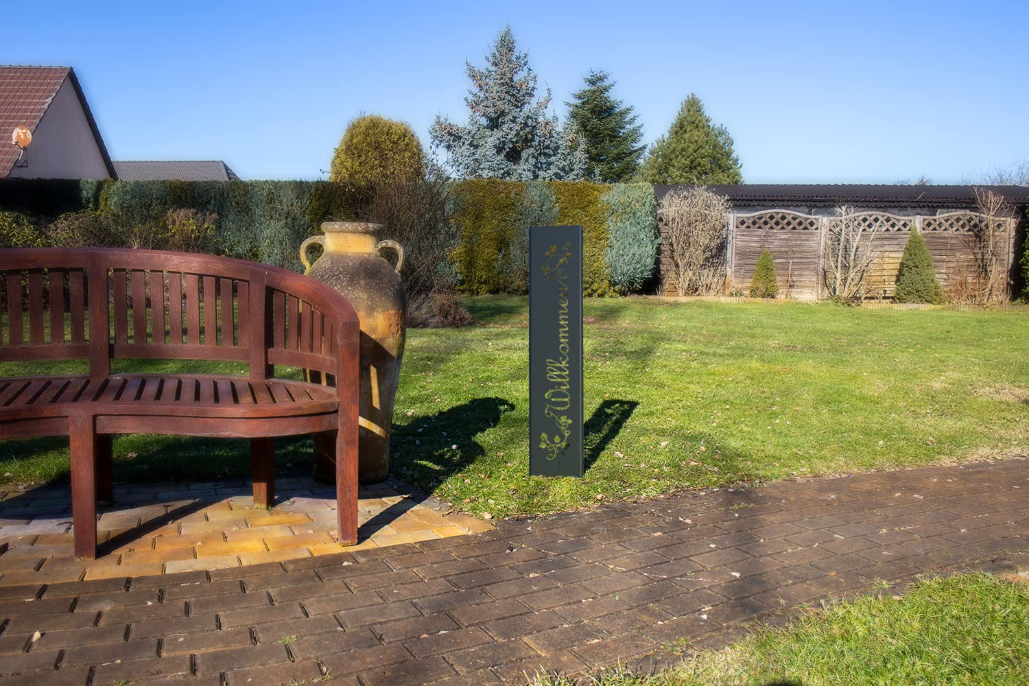 teileplus24 GS01-BR-1 Willkommen Gartenstecker Gartenschild | Schwarz Garten Deko | 3D Abkantung | 120cm x 21cm