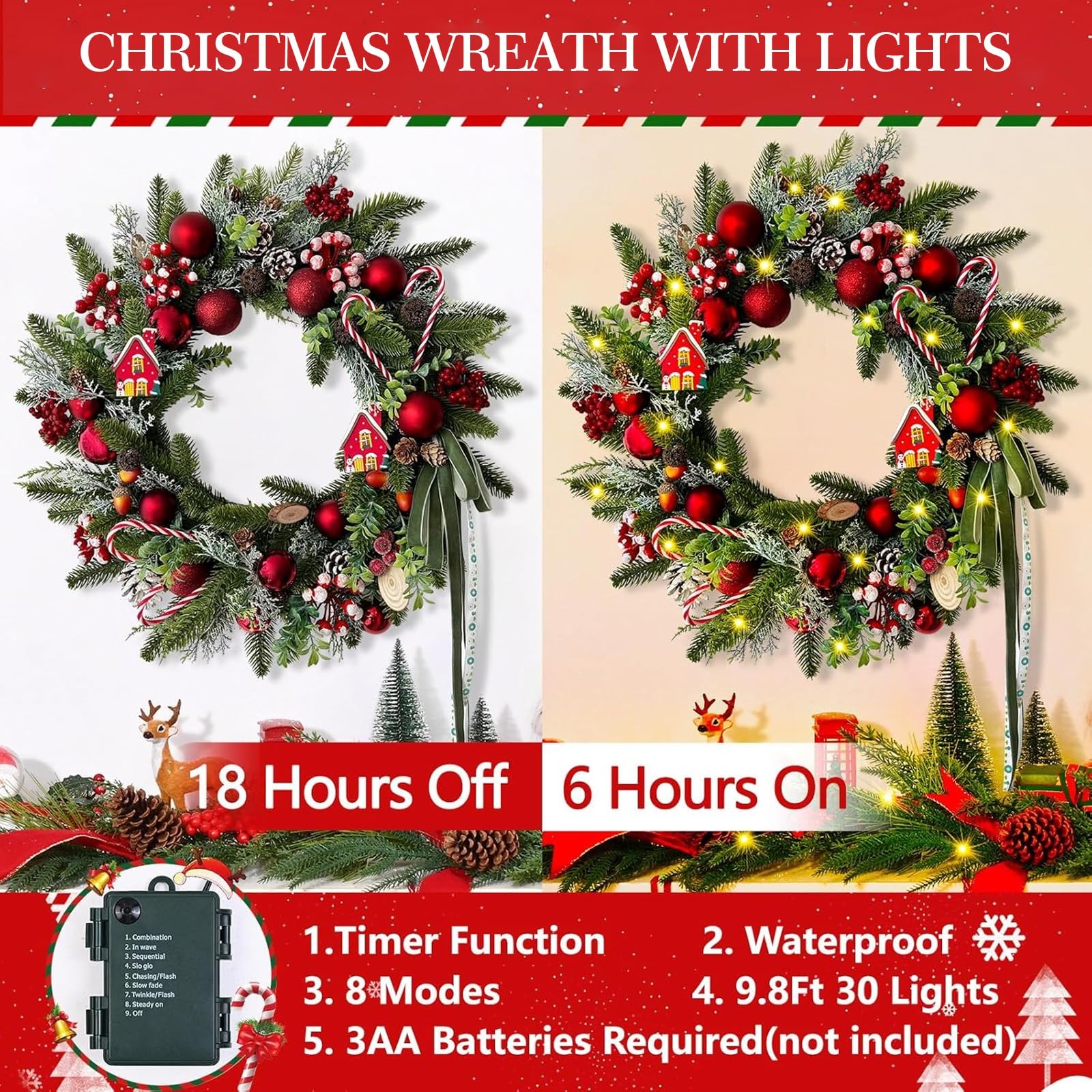 Corona artificial de Navidad para puerta con guirnalda de hoja perenne, adornos de bastón de caramelo, piñas, bayas y lazos para decoración de pared interior y exterior