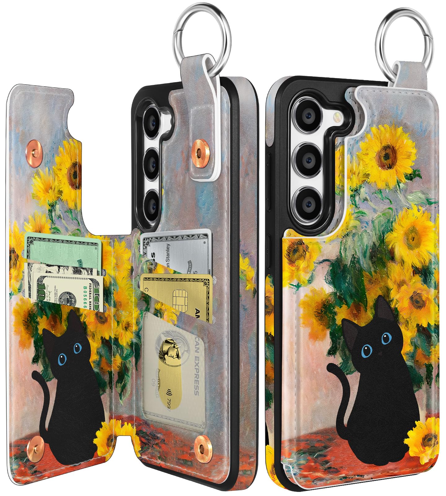 Shorogyt for Samsung Galaxy S23 Wallet Case with Card Holder - Designer Sunflower Cat Pattern Kickstand Magnetic Clasp Back Flip Folio Leather Phone