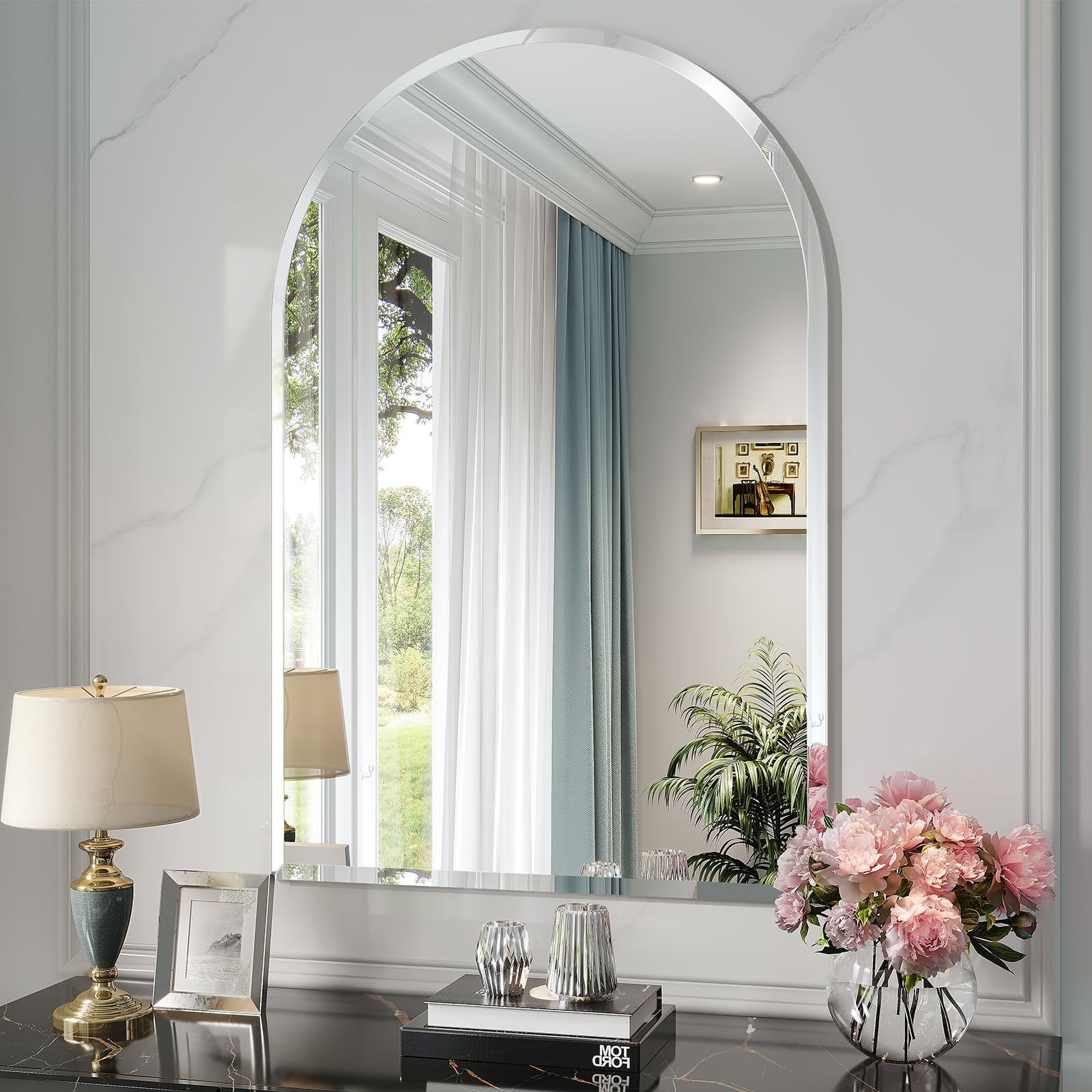 Frameless Bathroom Mirror 24 x 36 Arched Vanity Mirror for Wall Beveled Arch Wall Mounted Bathroom Mirrors for