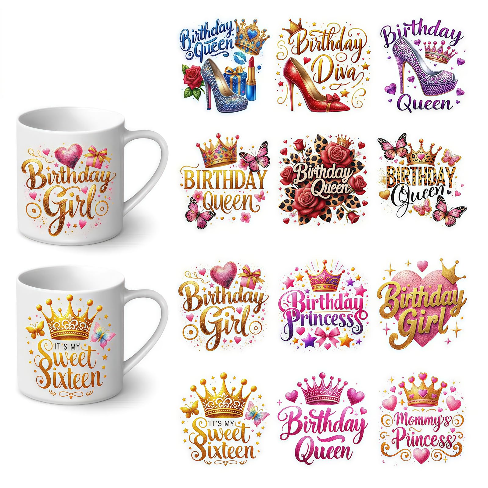 12pcs Birthday Queen UV DTF Cup Wraps Winter UV DTF Transfer Waterproof Sticker for Glass Cups Furniture Craft DIY Crafts，Rub on Transfer Stickers for DIY Water Bottle Laptop Decal Wood Car
