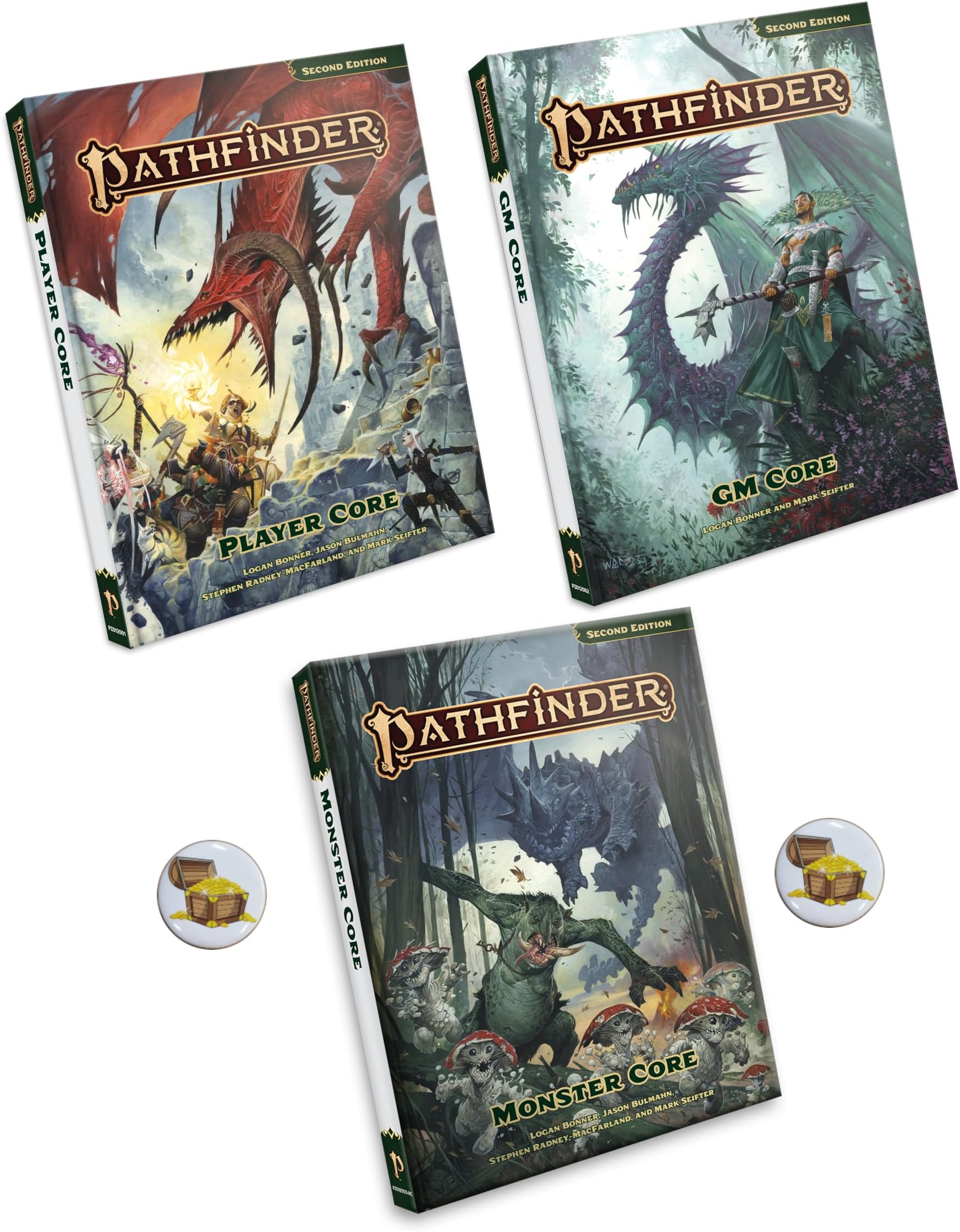 - Pathfinder Remastered Second Edition Player, GM, and Monster Cores and Two Treasure Chest Buttons