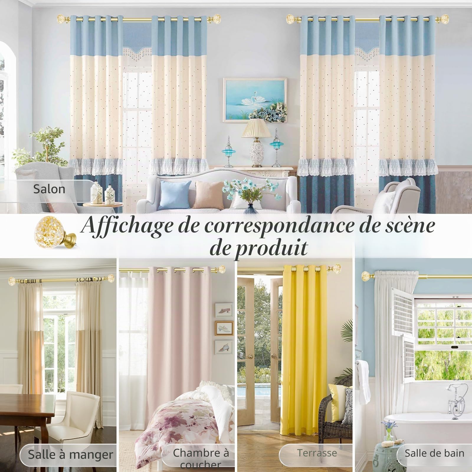 Tringle à rideaux double dorée pour fenêtres de 122 à 213 cm : double tringle à rideaux réglable et robuste de 122 à 213 cm – Embouts en résine dorée et double tringle à rideaux
