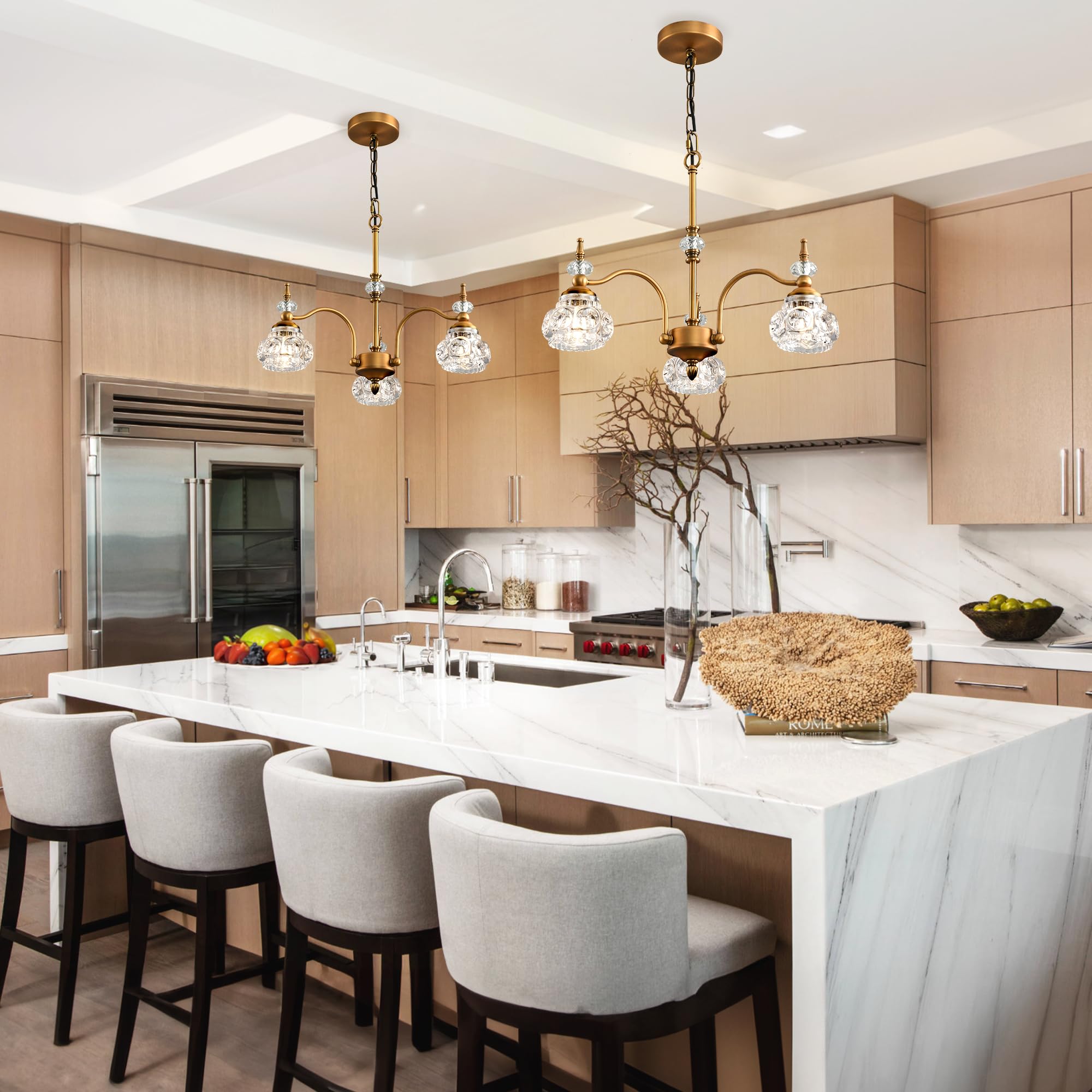 WJShome Vintage 3 Lights Gold Glass Pendant Lighting Rustic Style Chandelier Matte Brushed Antique Brass Finish with Crystal Glass Shade for Kitchen Island