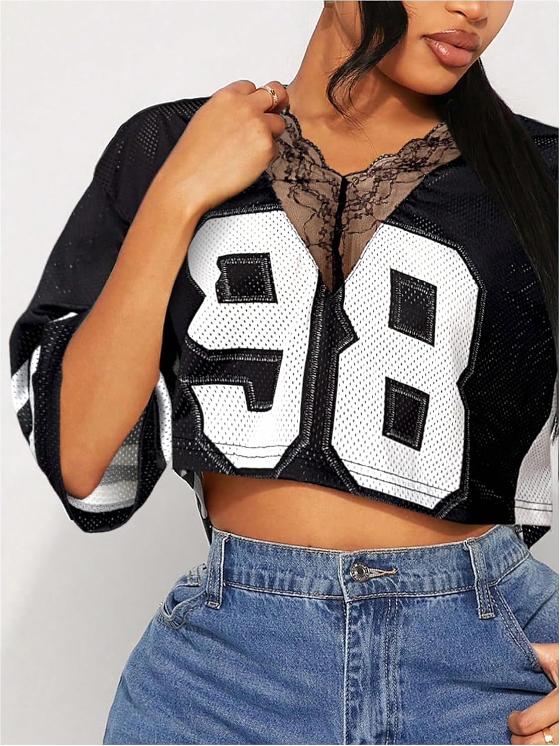 SOLY HUX Women's Number Graphic Tees Lace V Neck Half Sleeve Crop Tops Jersey Shirt Y2k Streetwear - Image 3
