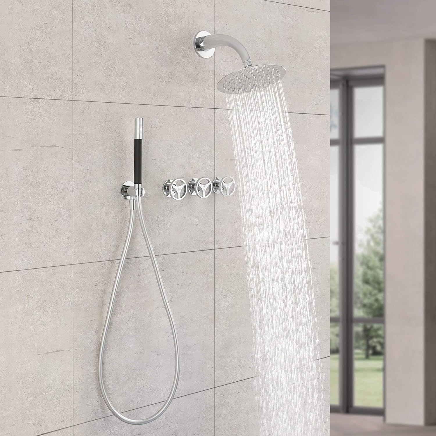 New Deal Shower Faucet Wall Mount Rain Shower Head 8 Inch Bathroom Shower Mixer Set 3 Handle Industrial Shower Fixtures Combo, SKOWLL Polished Chrome Finished