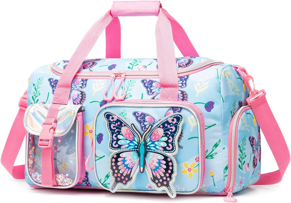 Bolsa de lona para niños Bolsa de viaje para niñas Bolsas de fiesta de pijamas de baile nocturno para niñas Bolsas deportivas de gimnasia de mariposa para niños con compartimento para zapatos