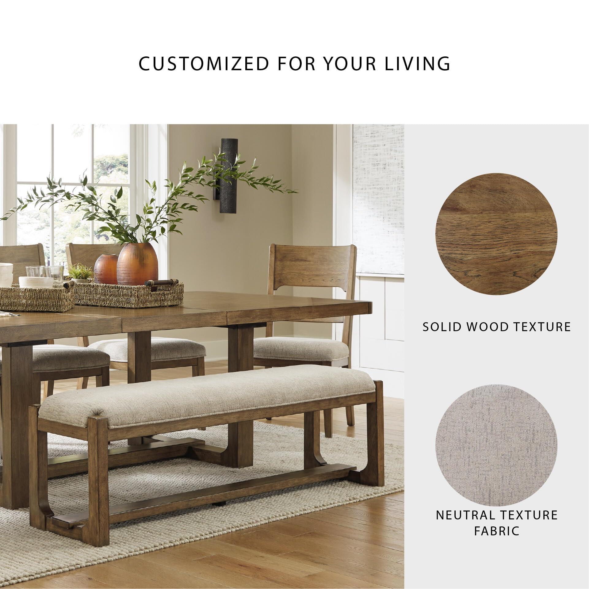 Signature Design by Ashley Cabalynn Farmhouse Upholstered Dining Bench, Foam Cushion, Hardwood Solids, 63.5" W x 16.5" D x 19.75" H, Beige & Light Brown | Hardwood solids and MDF substrates, Comfortable modern farmhouse seating, Versatile 63-inch profile,