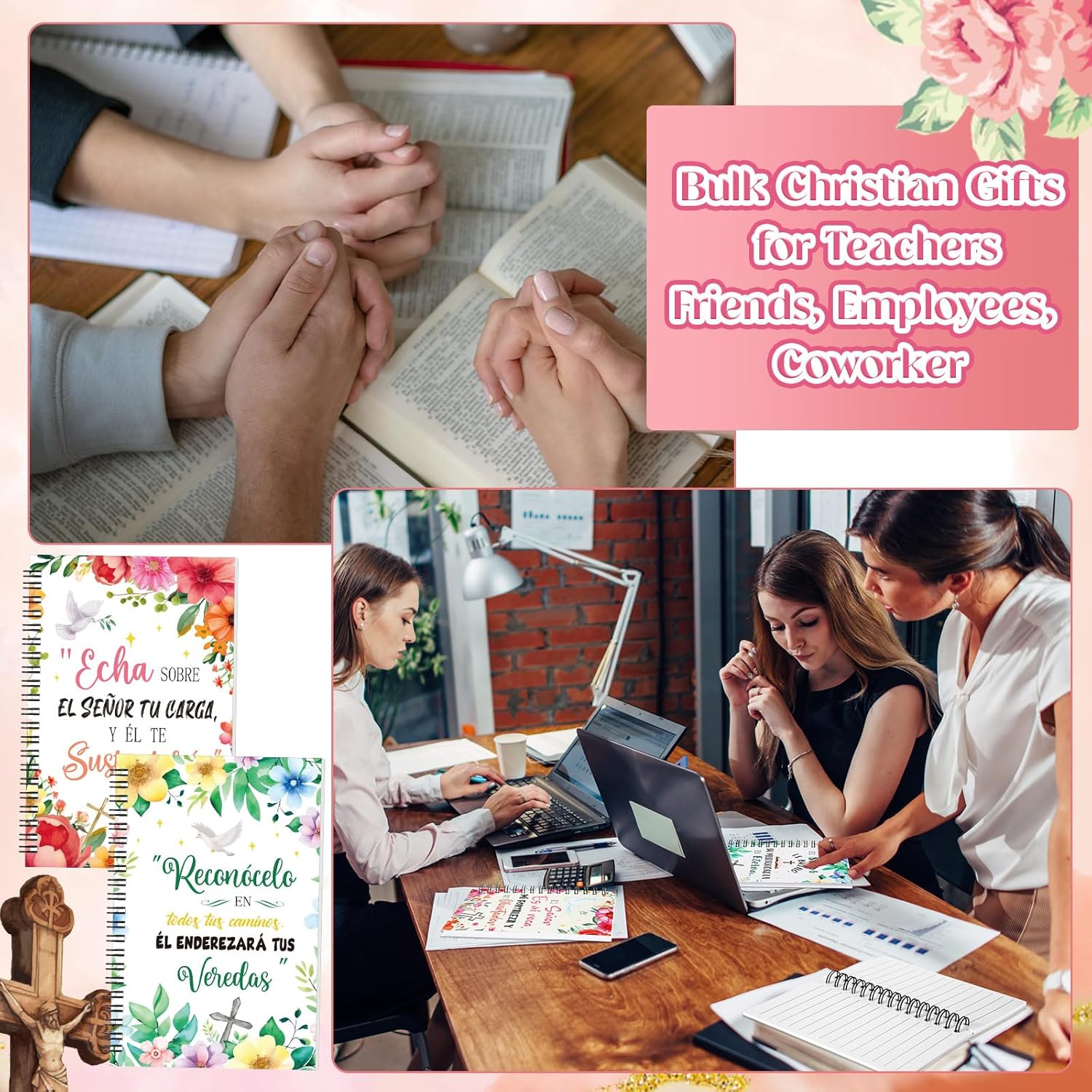 Resurhang 24 Pack Christian Gifts for Women 4x6" Spanish Religious Notebooks with Bible Verses, Floral Cross Journals, Christian Gifts for Christmas Church Sunday School Office