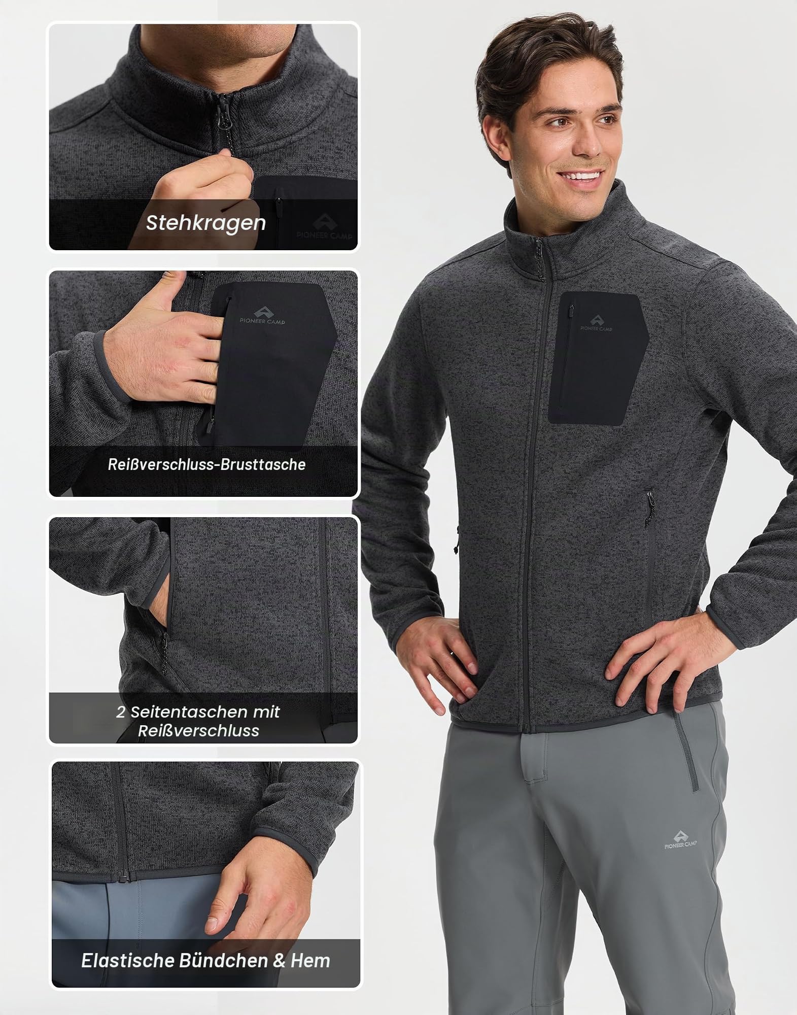 Herren Fleecejacke Strickjacke Ohne Kapuze Pullover Wandern Alltag | 100% Polyester,Antistatisch,Atmungsaktiv,5Taschen,Winddicht,Stehkragen,ElastischerSaum,OhneKapuze,Für Trekking,Wander