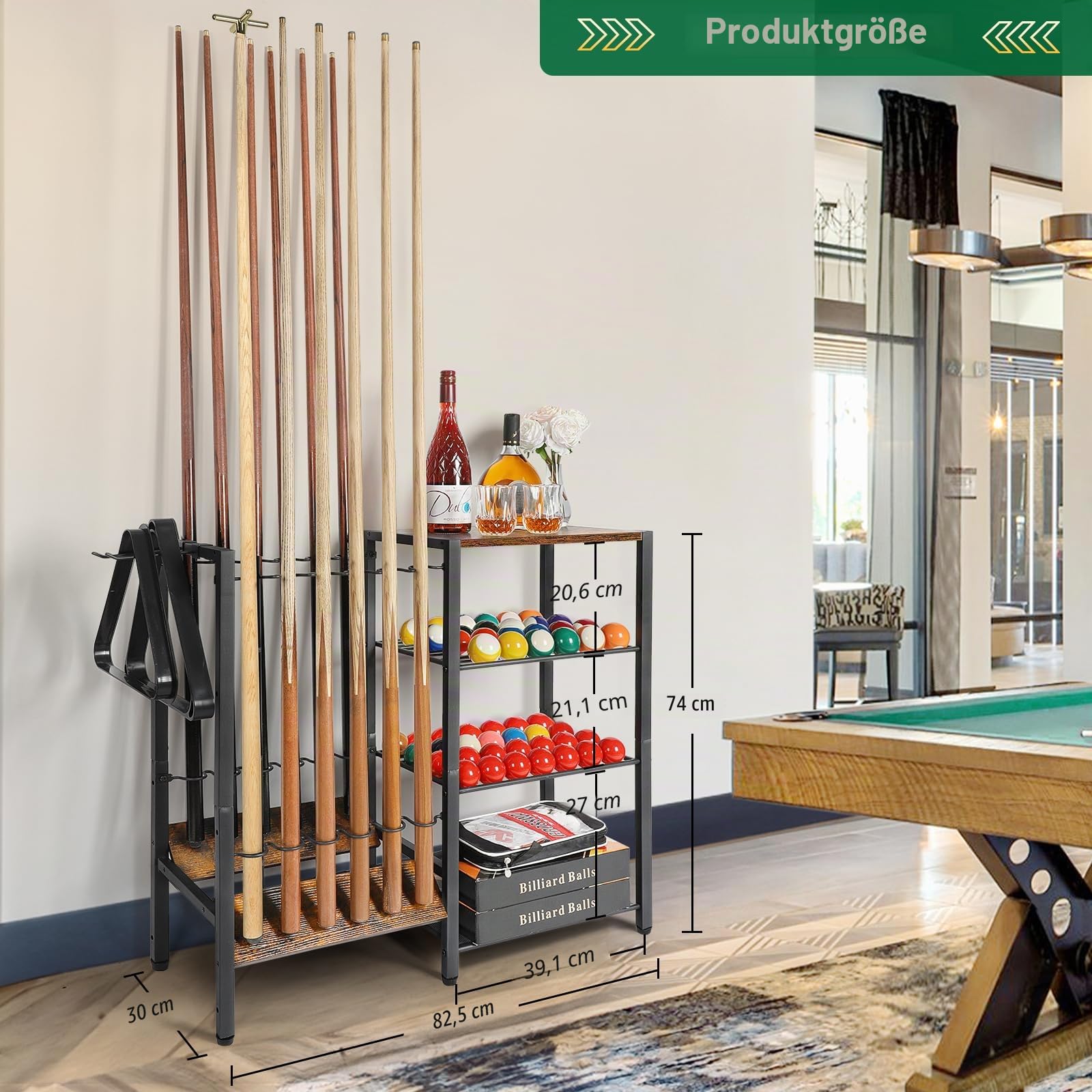 Bikoney Billard Queue Halter für 12 Stöcken, Ständer Poolqueues mit Ballaufbewahrung, Großer Organizer für Billardzubehör, Queue-Halter für Spielzimmer, Billard-Ausrüstungsständer