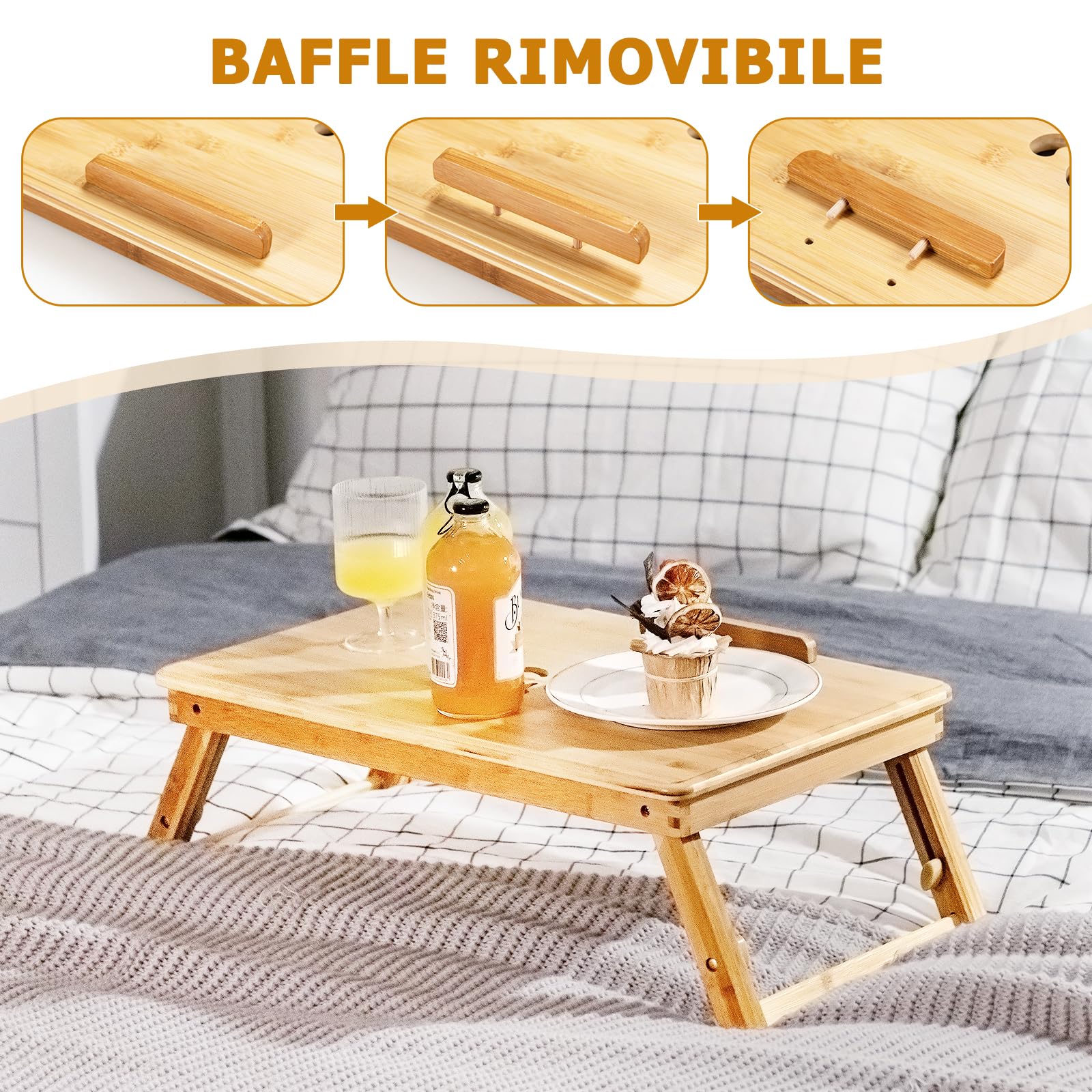 GYMAX Tavolino per Computer Portatile in Bambù con Piano Inclinabile a 4 Livelli e Cassetto, Tavolo Pieghevole con Altezza Regolabile, Fori di Raffreddamento, Supporto per Computer (Naturale)