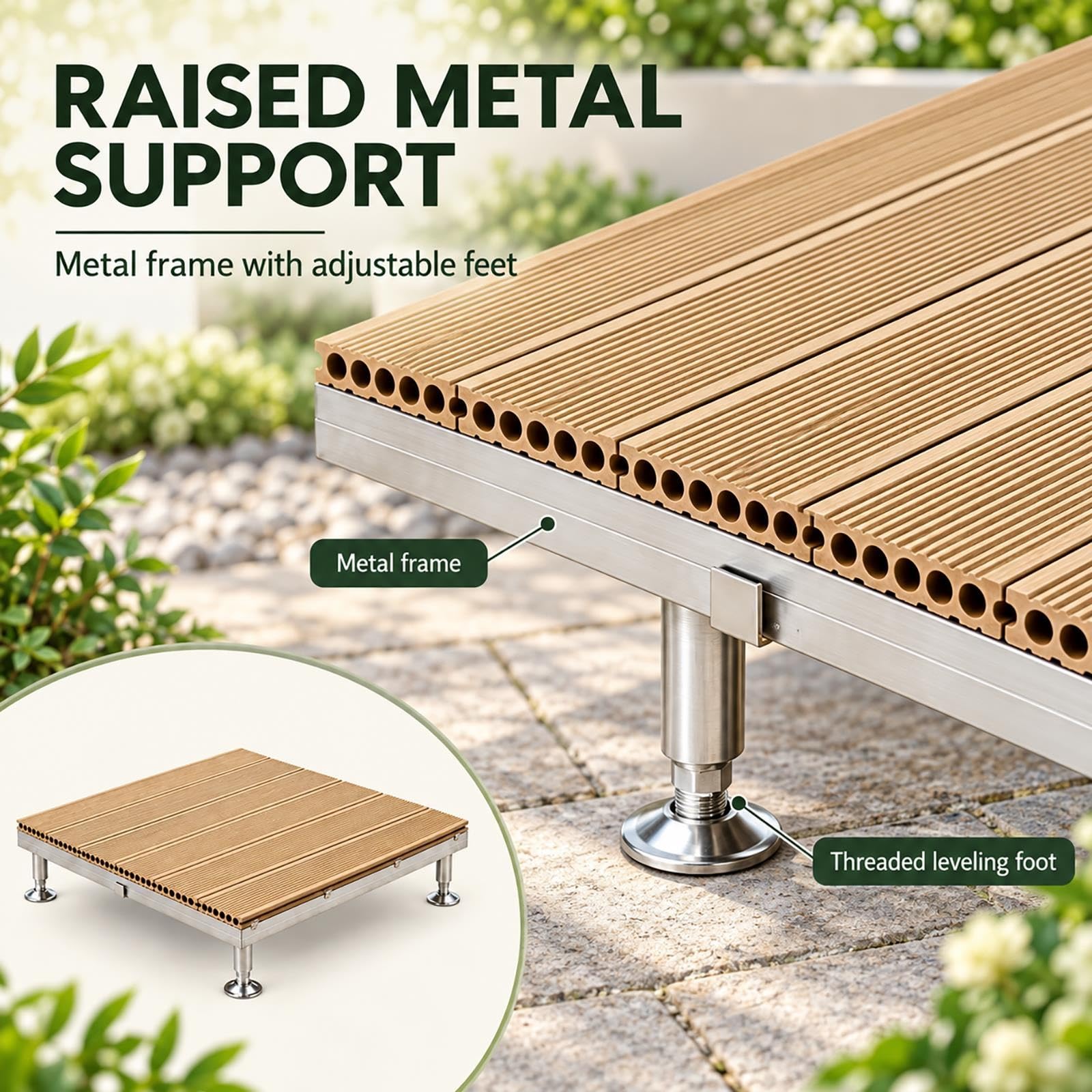 Tarima WPC, suelo exterior modular con patas metálicas de altura ajustable