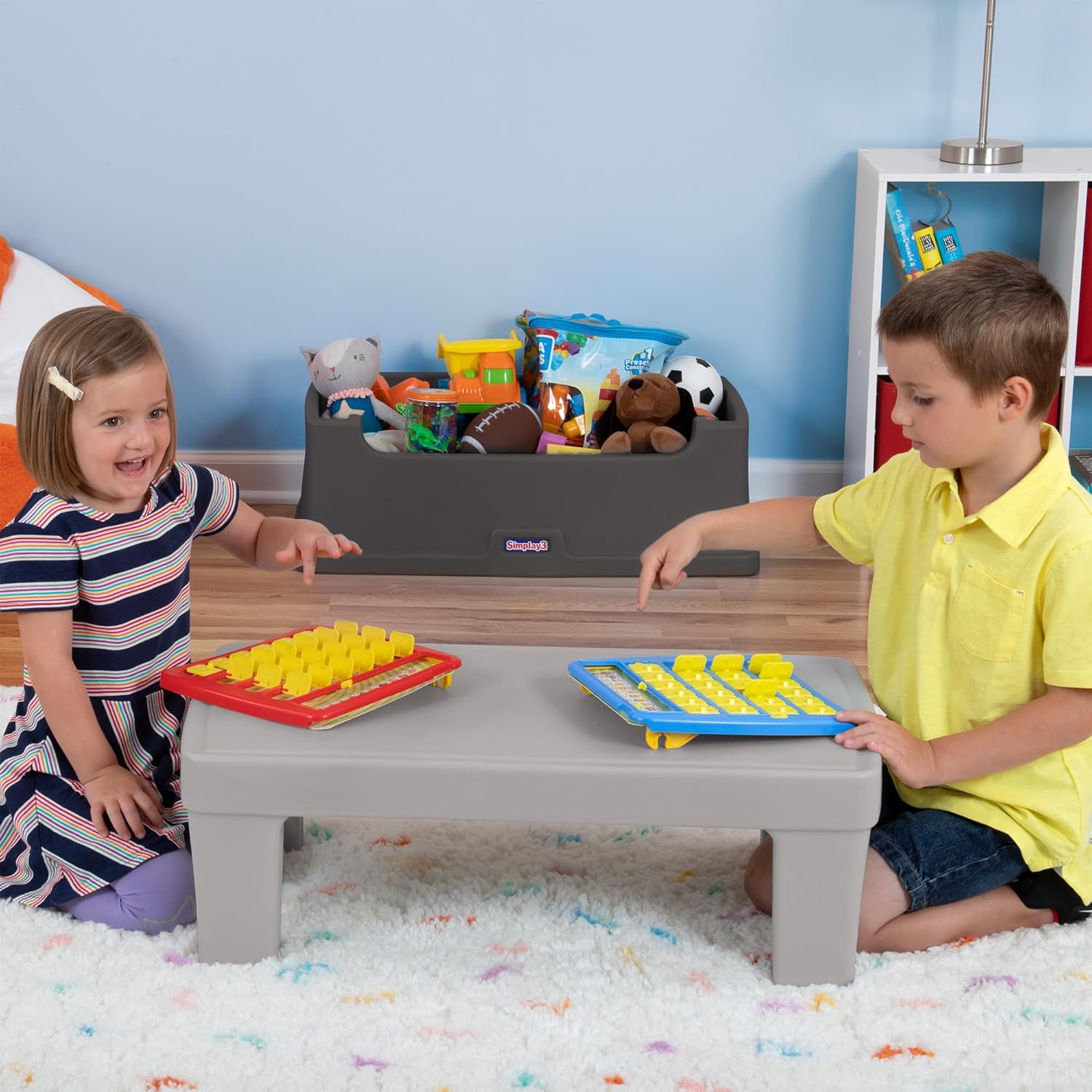 Simplay3 Play Around Toy Box Table, Multipurpose Kids Toy Box and Toddler Play Table for Toys, Art Supplies, Crafts, Durable, Plastic Large Toy Box, Made in USA (Gray/Gray)