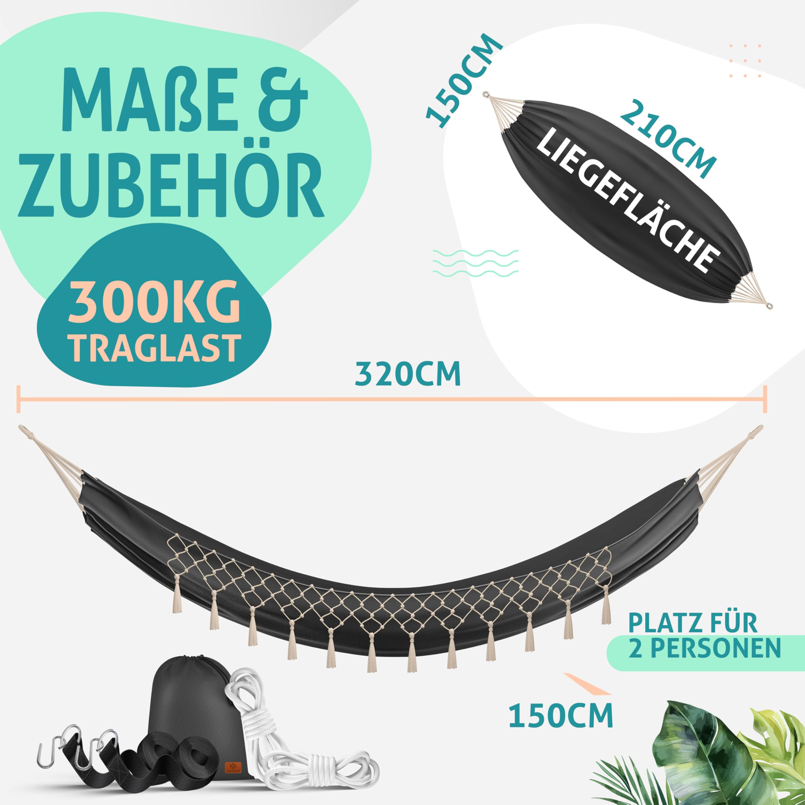 KESSER® Hängematte 320x150 cm belastbar bis 300 kg, wetterfeste & atmungsaktive Tuchhängematte mit Fransen für 1-2 Personen – Ideal für Camping, Garten & Outdoor, inkl. Beutel, Seile & Gurte,Anthrazit