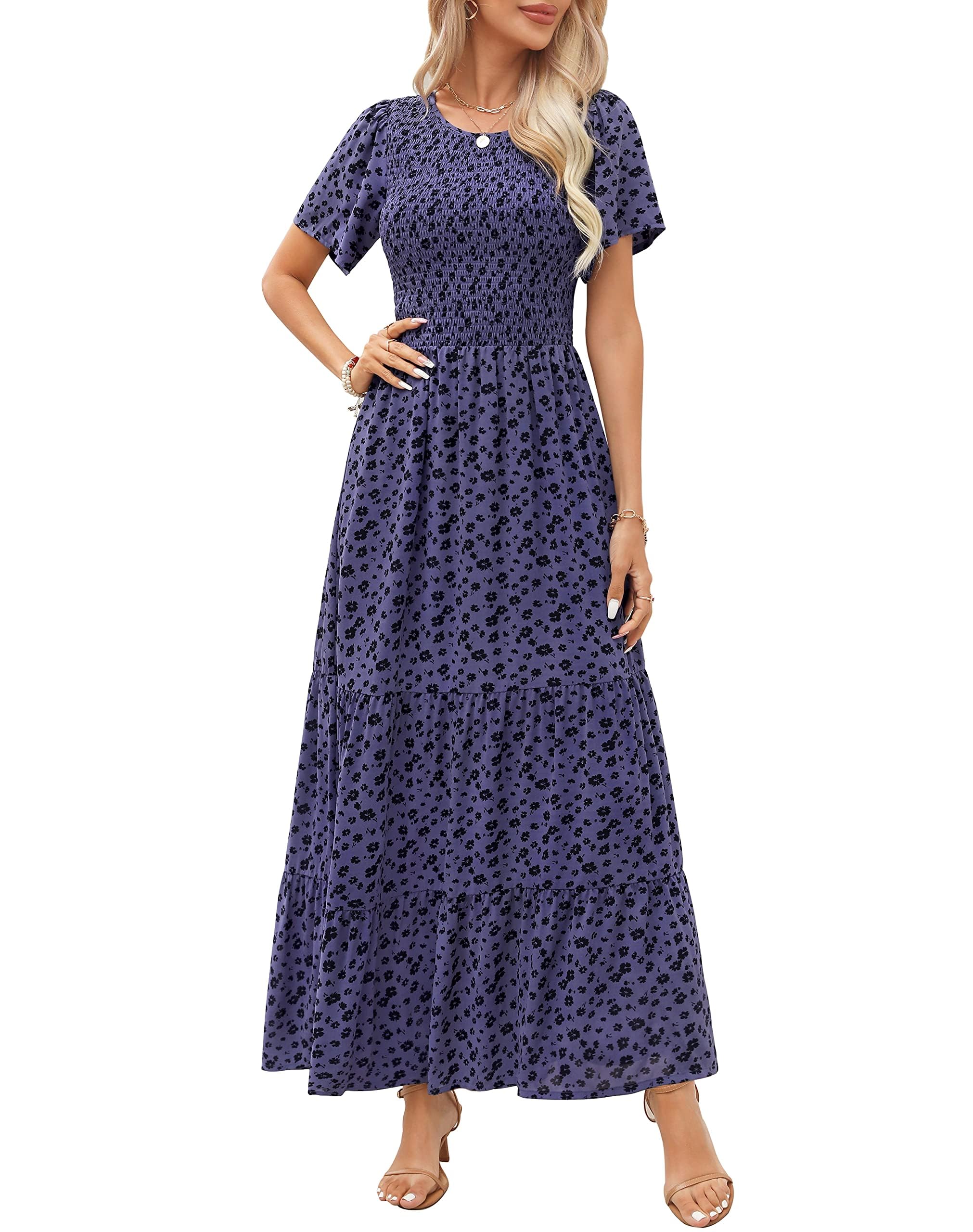 Kranda Women 2025 Summer Fall Crewneck Short Sleeve Smocked Floral Maxi Dress