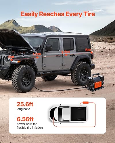 Miniatura 4 de VEVOR Compresor de aire resistente de doble cilindro, inflador de neumáticos portátil de 10.6CFM, bomba de aire todoterreno de 12 V 150 PSI con