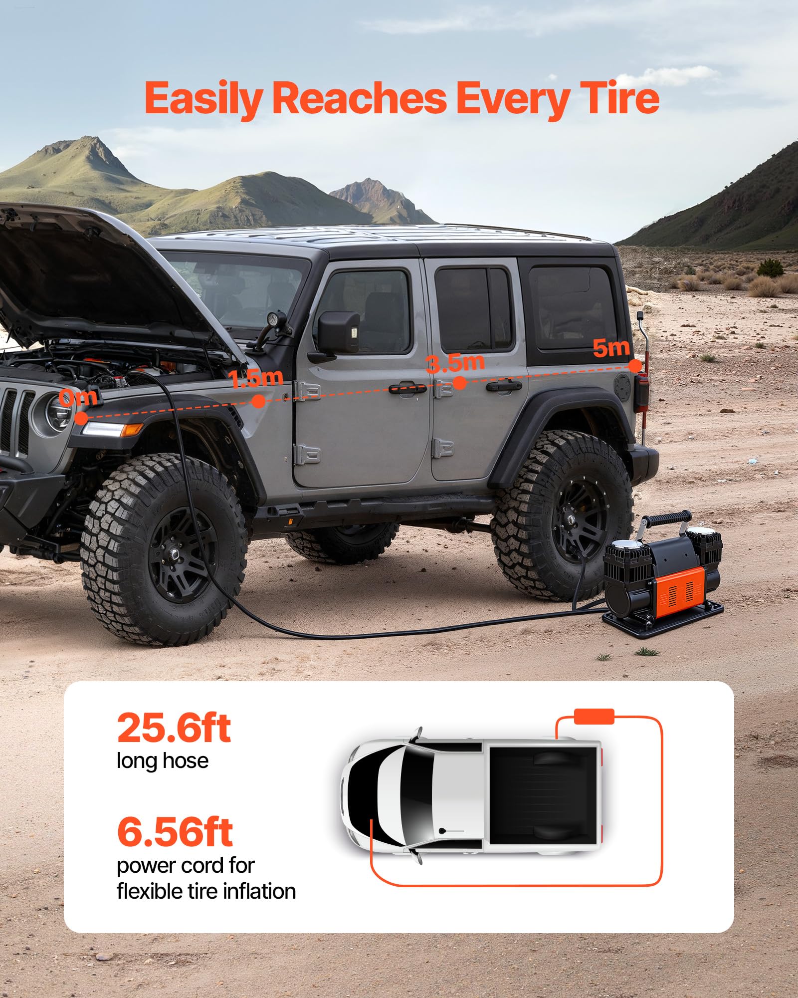 VEVOR Compresor de Aire de Doble Cilindro para Trabajo Pesado, Inflador de Neumáticos Portátil 300 L/min, con Manómetro Digital y Adaptadores a Camiones, SUV y Autocaravanas, 365 x 150 x 227 mm — view 4