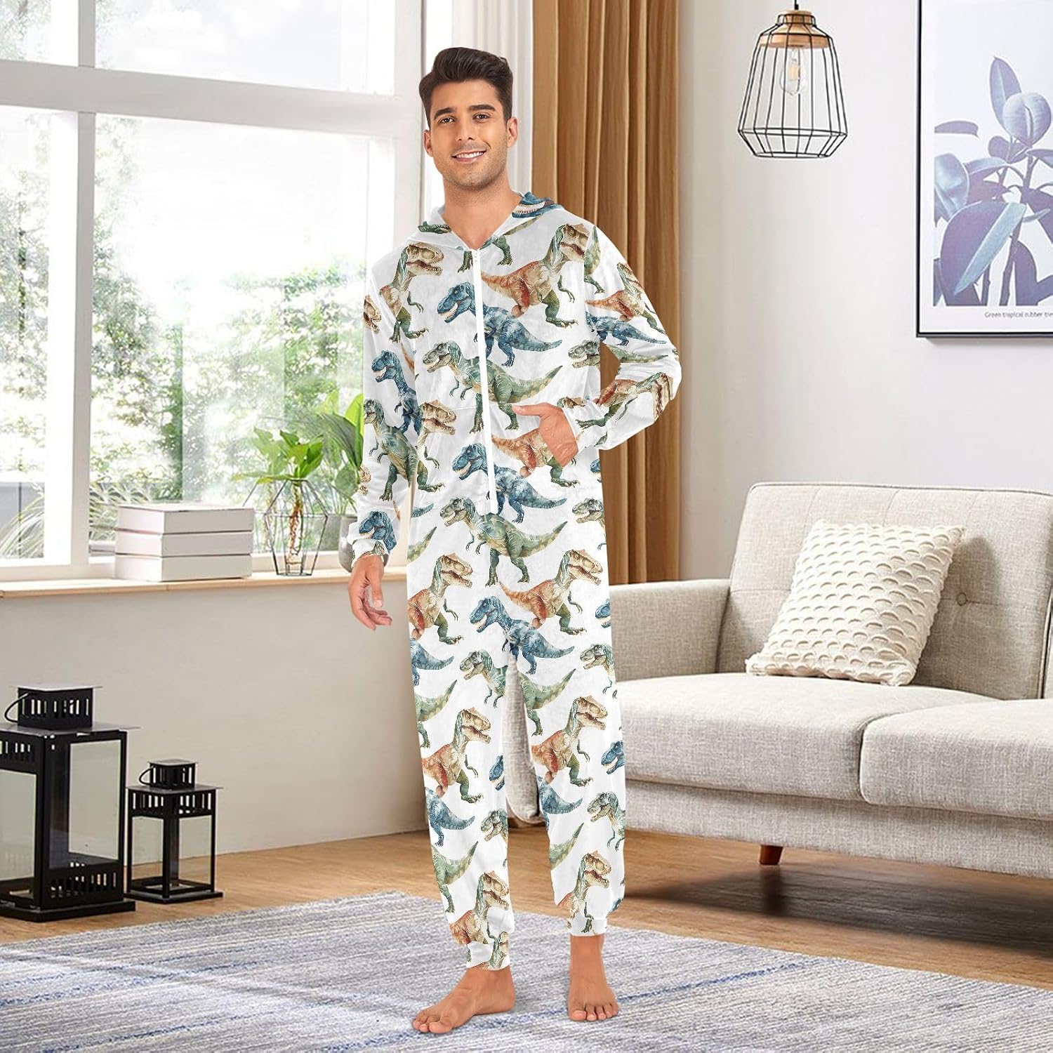 Trex Watercolor Pattern Adult Onesie Pajamas Novelty One Piece Costume Sleepwear Jumpsuits Matching PJS