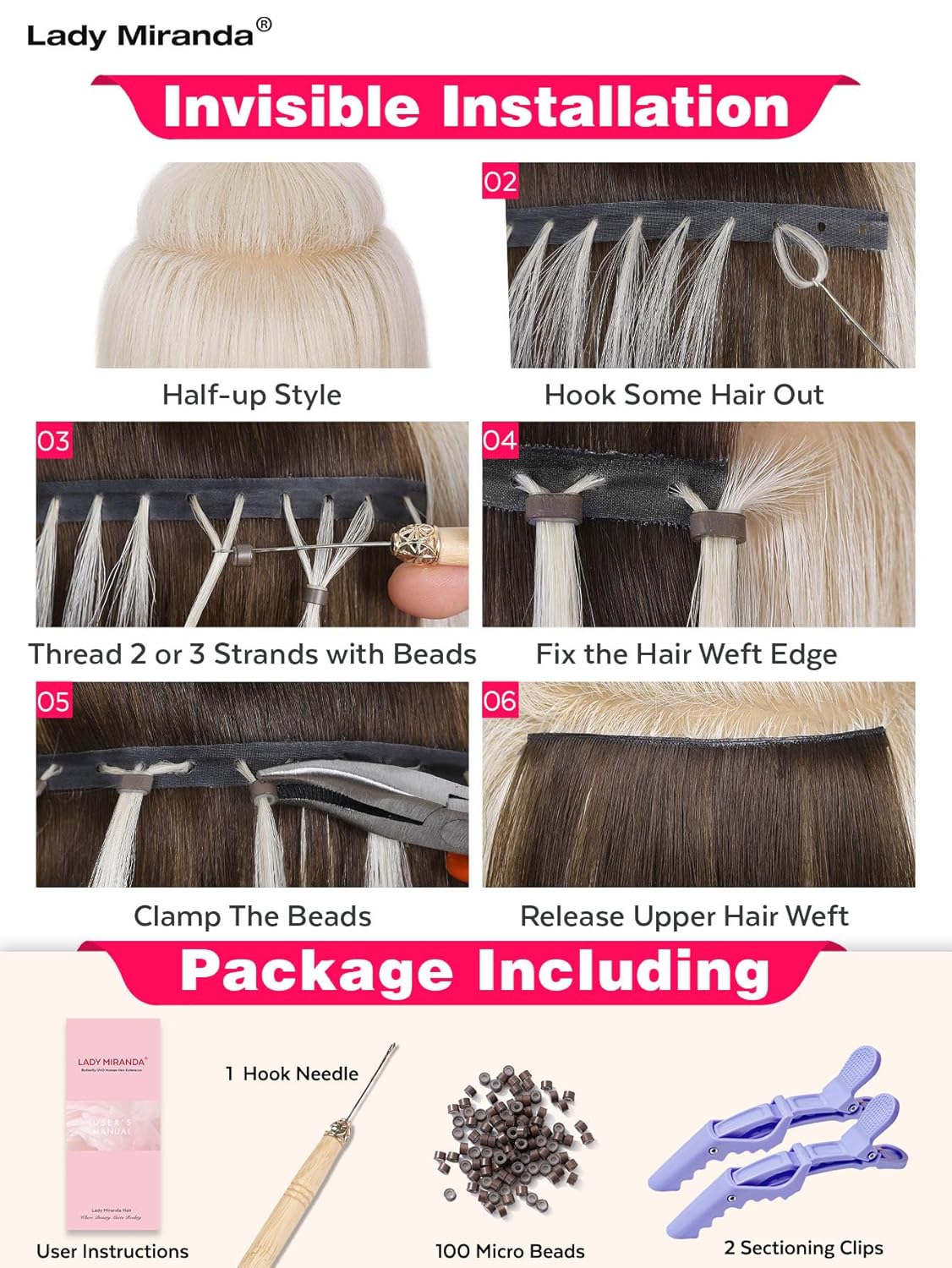 LADY MIRANDA 18 Inch 100g Butterfly Hair Extensions Real Human Hair Double Invisible Breathable Weft Scalp Friendly Micro Beads Hair Extensions Hand-tied Weft Hair Extension(Mixed Honey Blonde)