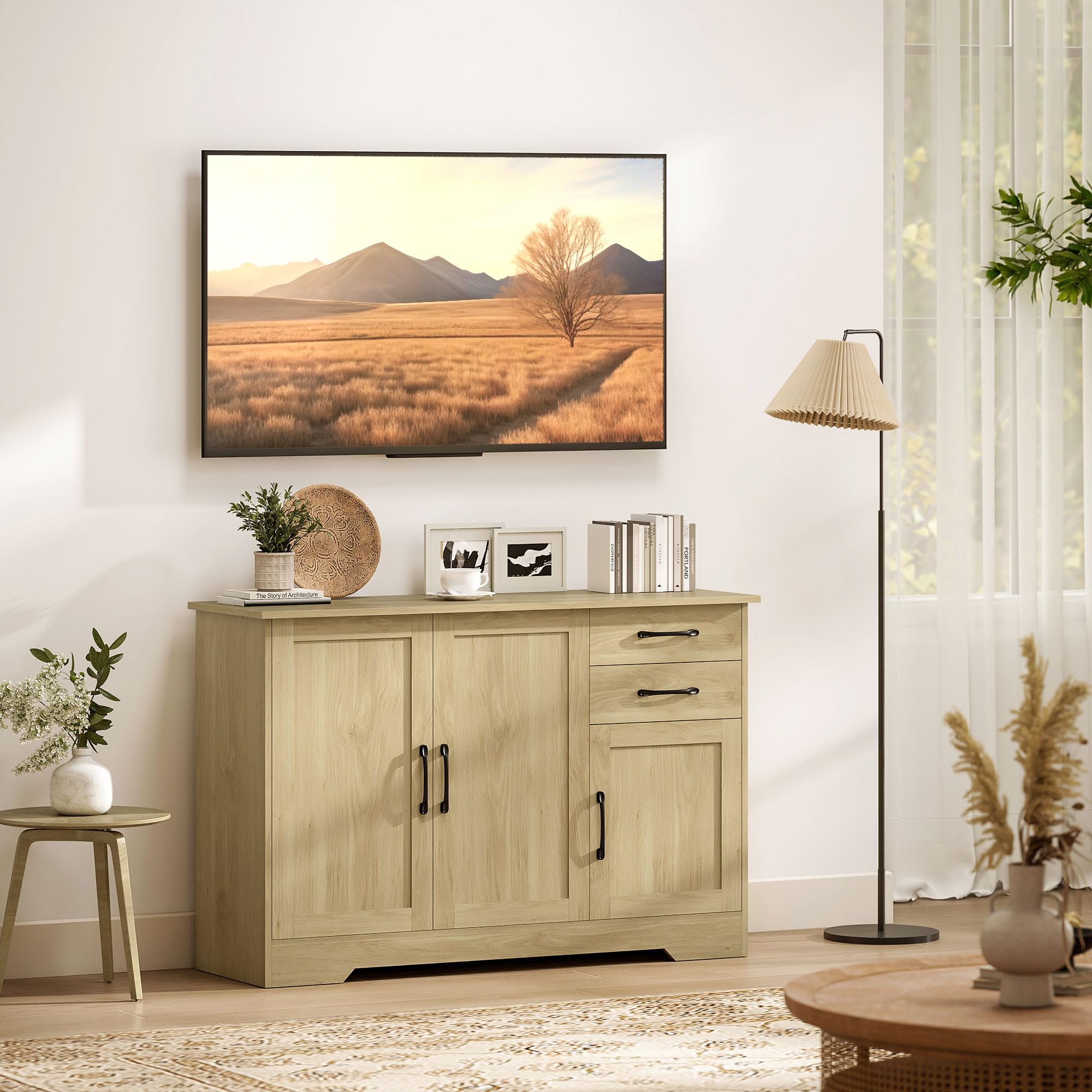 HOMCOM Aparador 3 Puertas, Aparador para Salón Rústico Moderno, con 2 Cajones, Estante Ajustable, Bisagra Cierre Suave, para Comedor, Entrada, Dormitorio, Natural, 120x38x79 cm